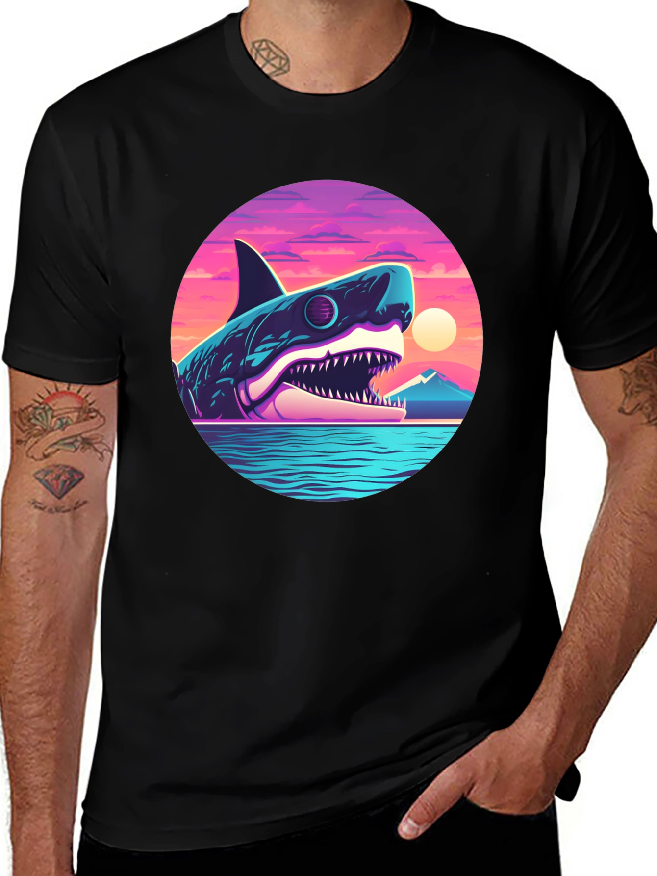 Variant 16 of Shark Sunset Graphic Tee - Black Cotton Comfort