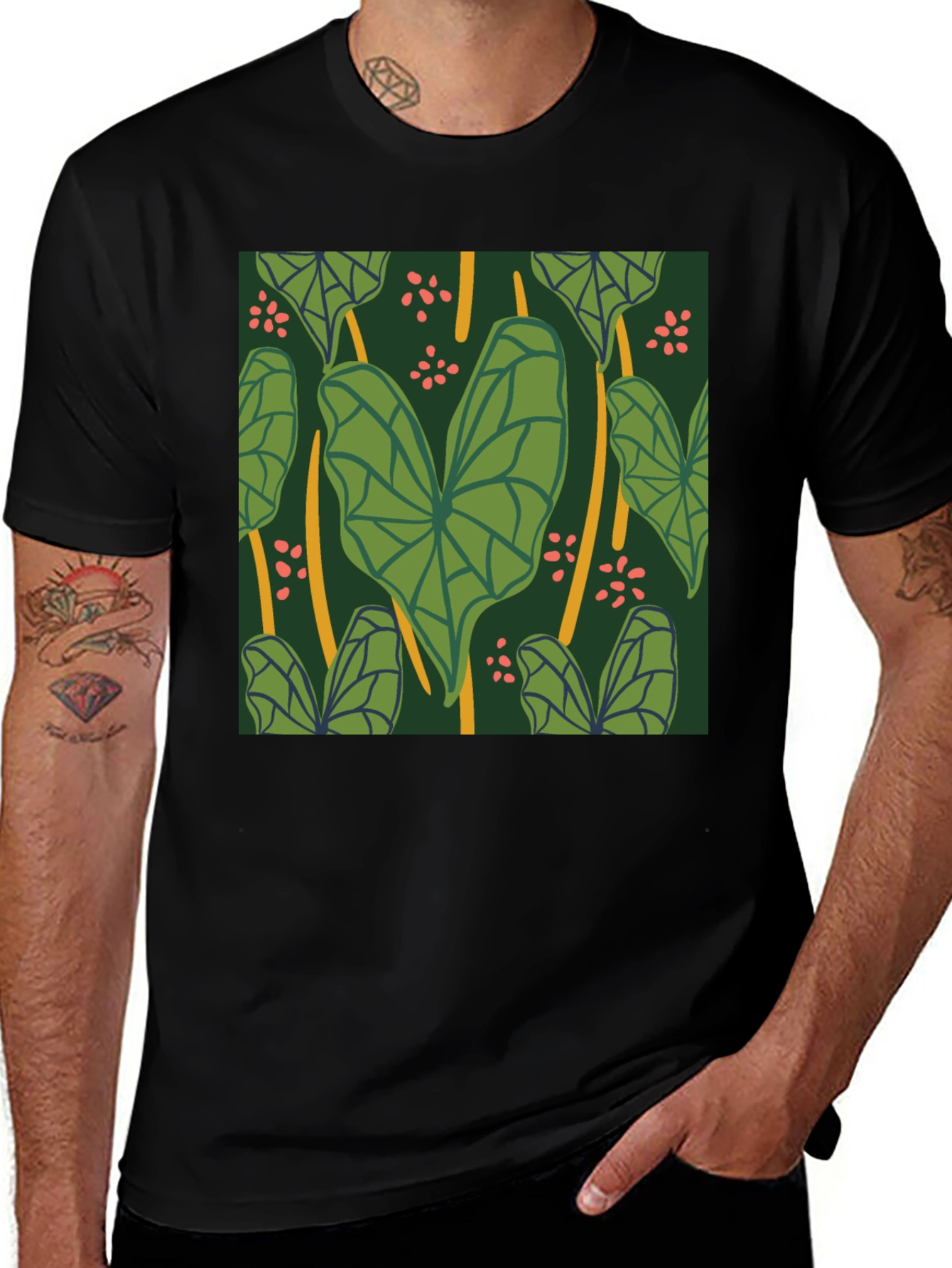 Tropical Leaf Pattern Black T-Shirt