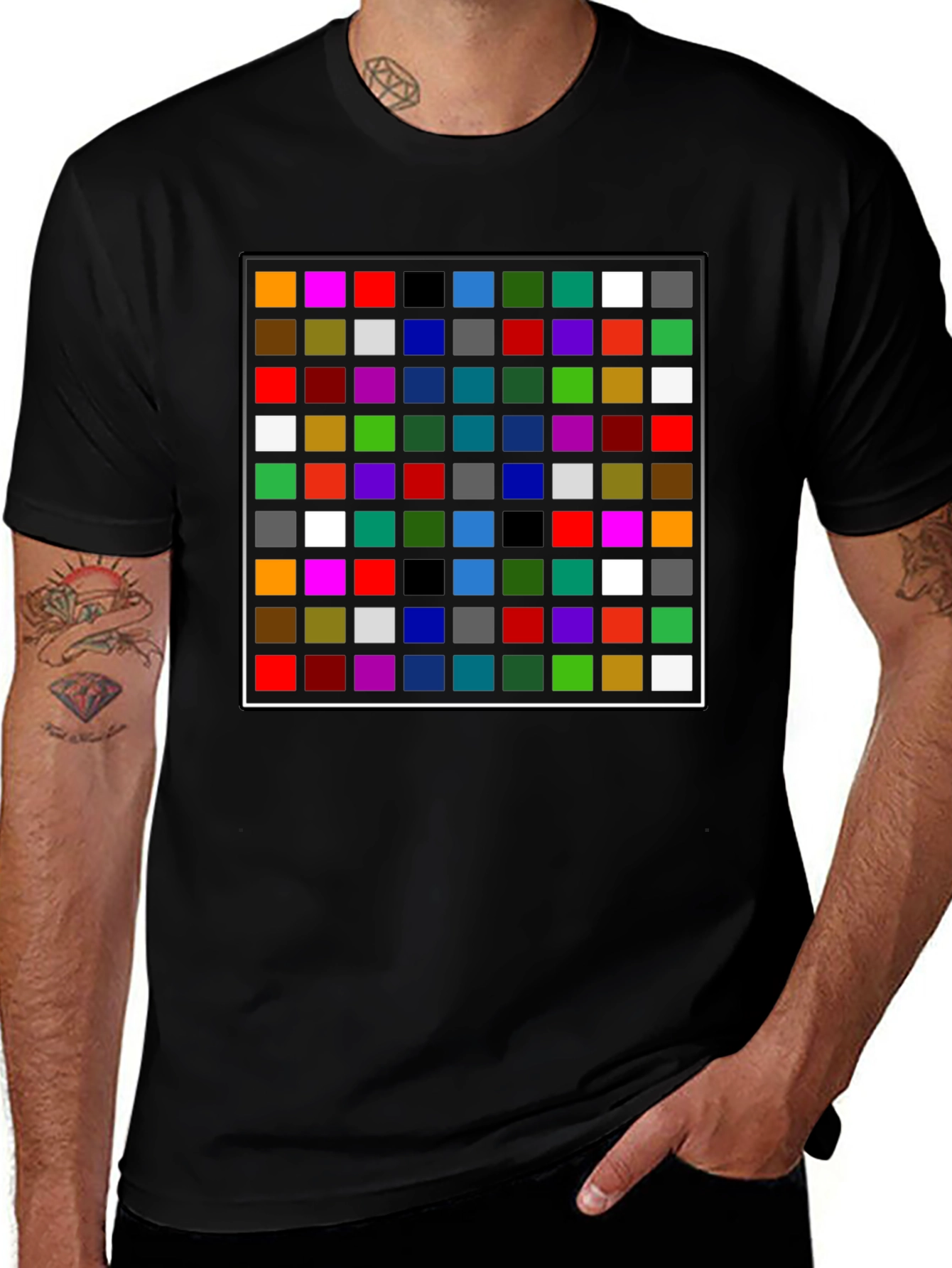 Colorful Grid Pattern Black T-Shirt