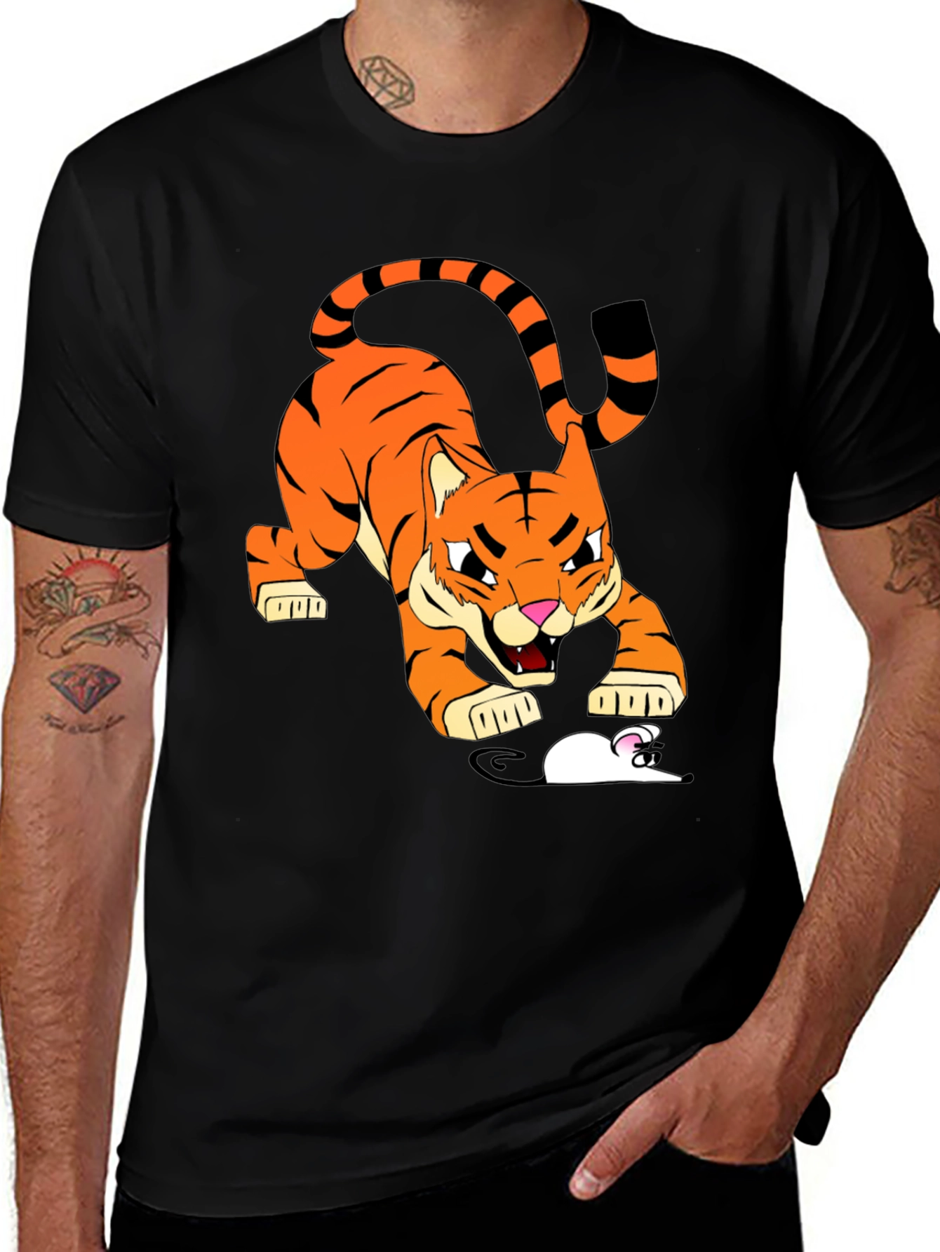 Variant 21 of Tiger vs Mouse Cartoon Graphic Black T-Shirt