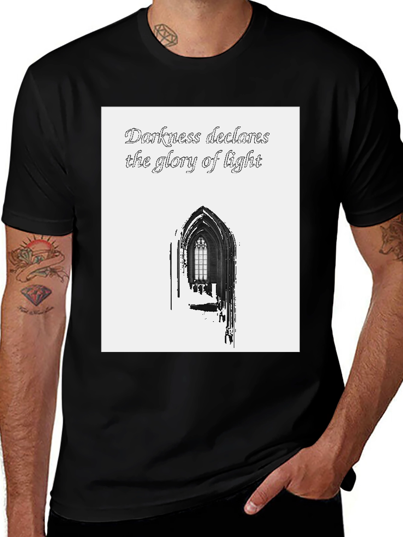 Variant 4 of Darkness Declares Light Graphic Tee - Gothic Window Design