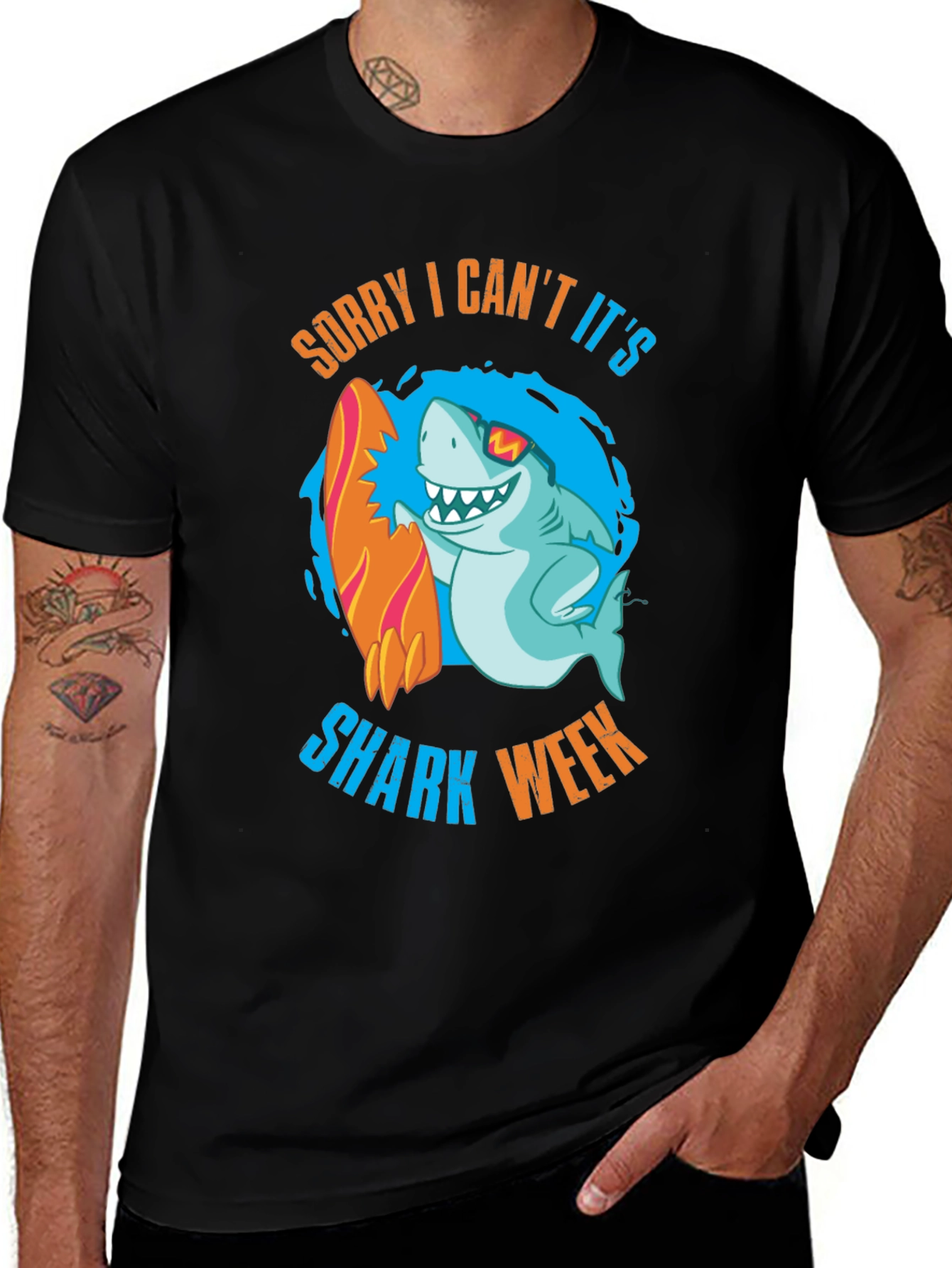 Shark Week Graphic T-Shirt - Cool Shark with Surfboard Design