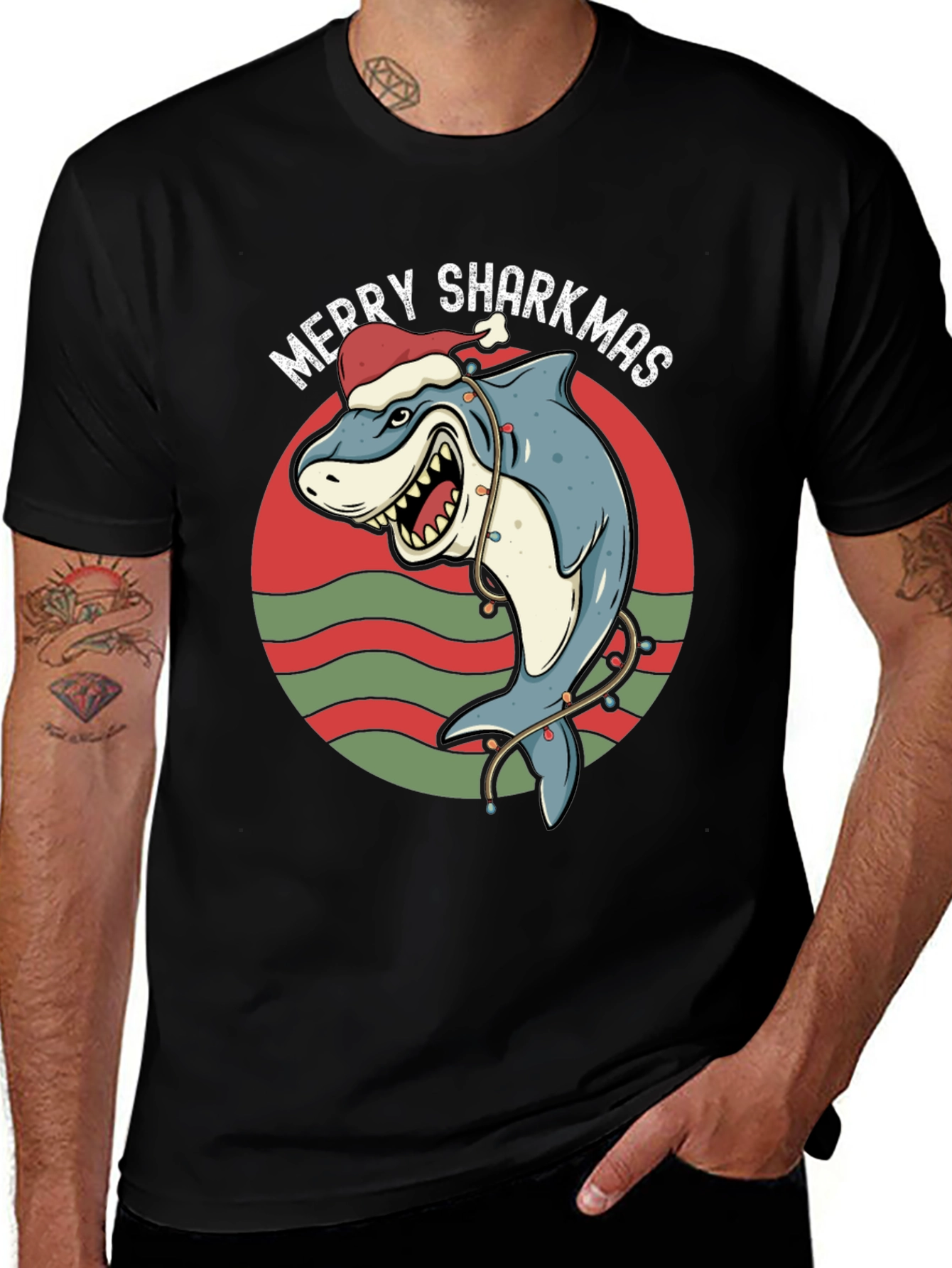 Variant 10 of Merry Sharkmas Graphic Tee - Holiday Shark T-Shirt