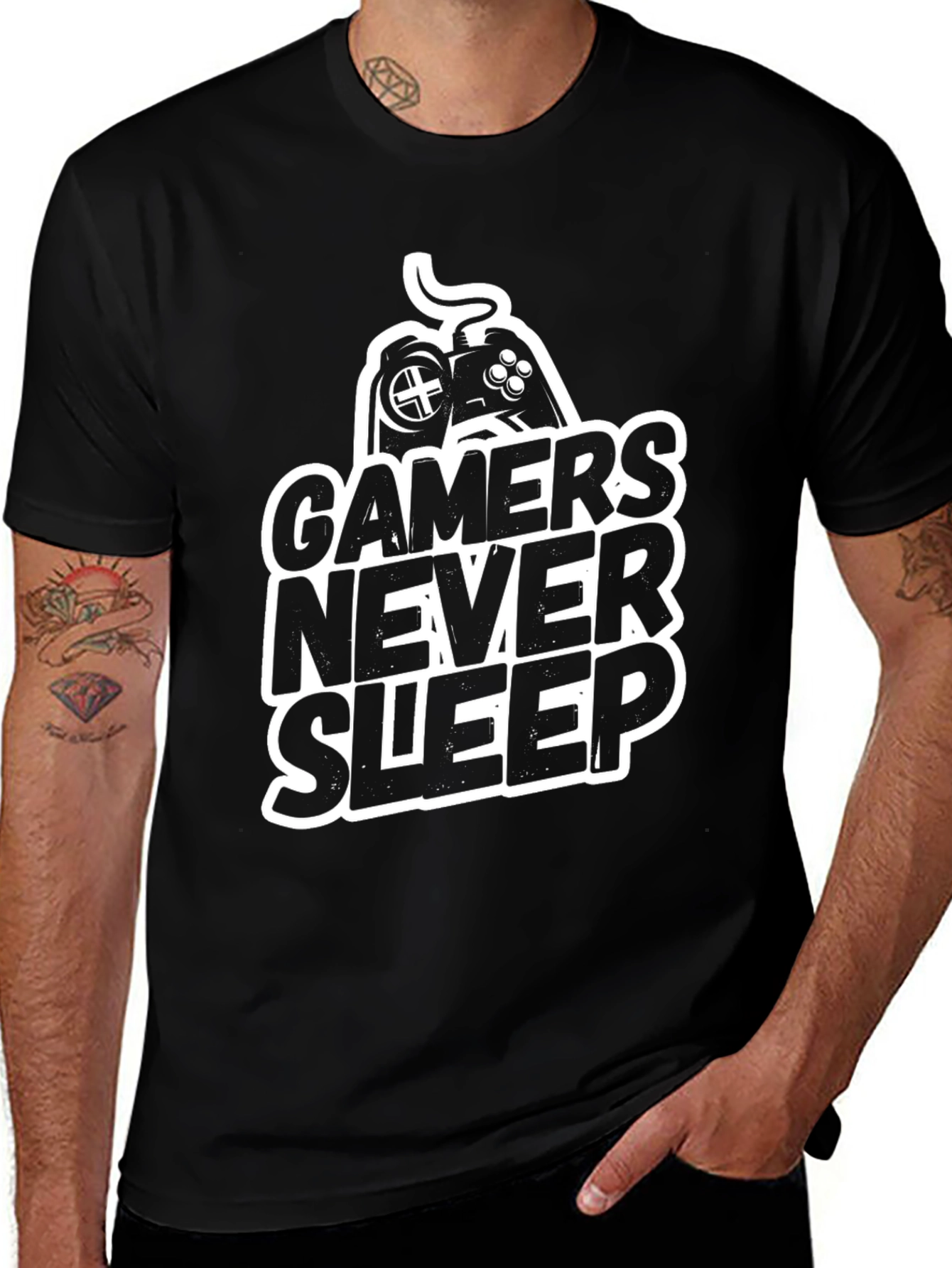 Variant 15 of Gamers Never Sleep T-Shirt - Black Cotton Graphic Tee