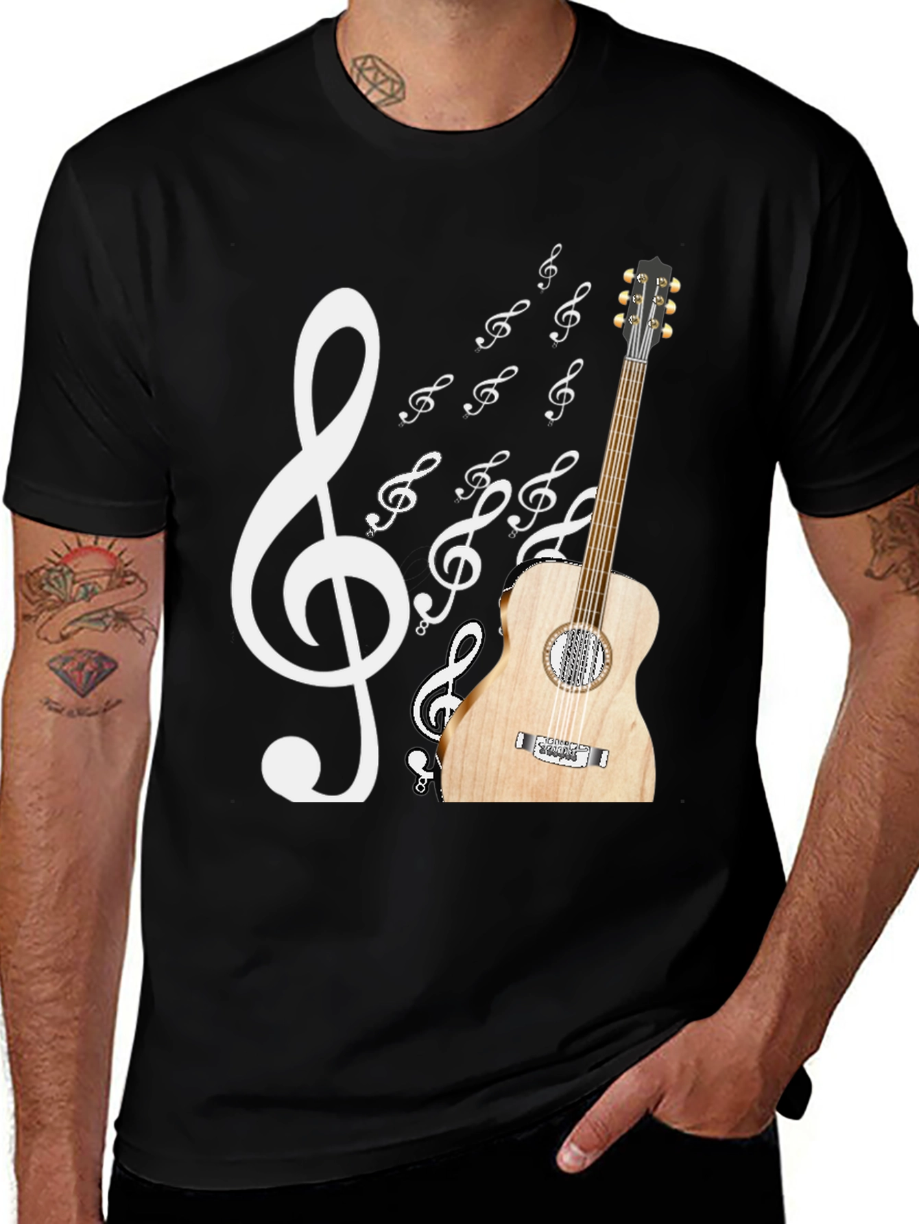 Musical Graphic T-Shirt: Guitar & Treble Clef Design