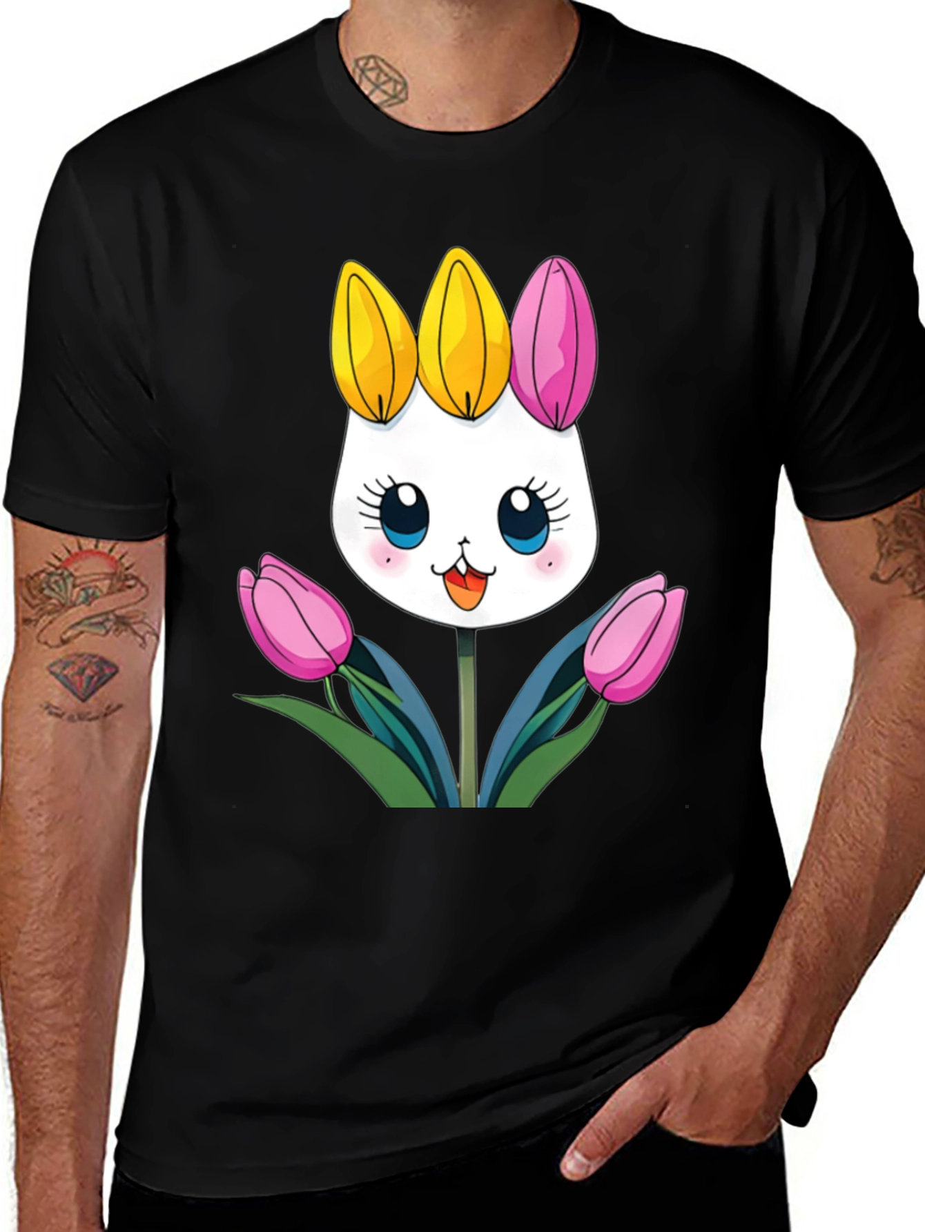 Variant 28 of Cute Cartoon Bunny Tulips Black T-Shirt