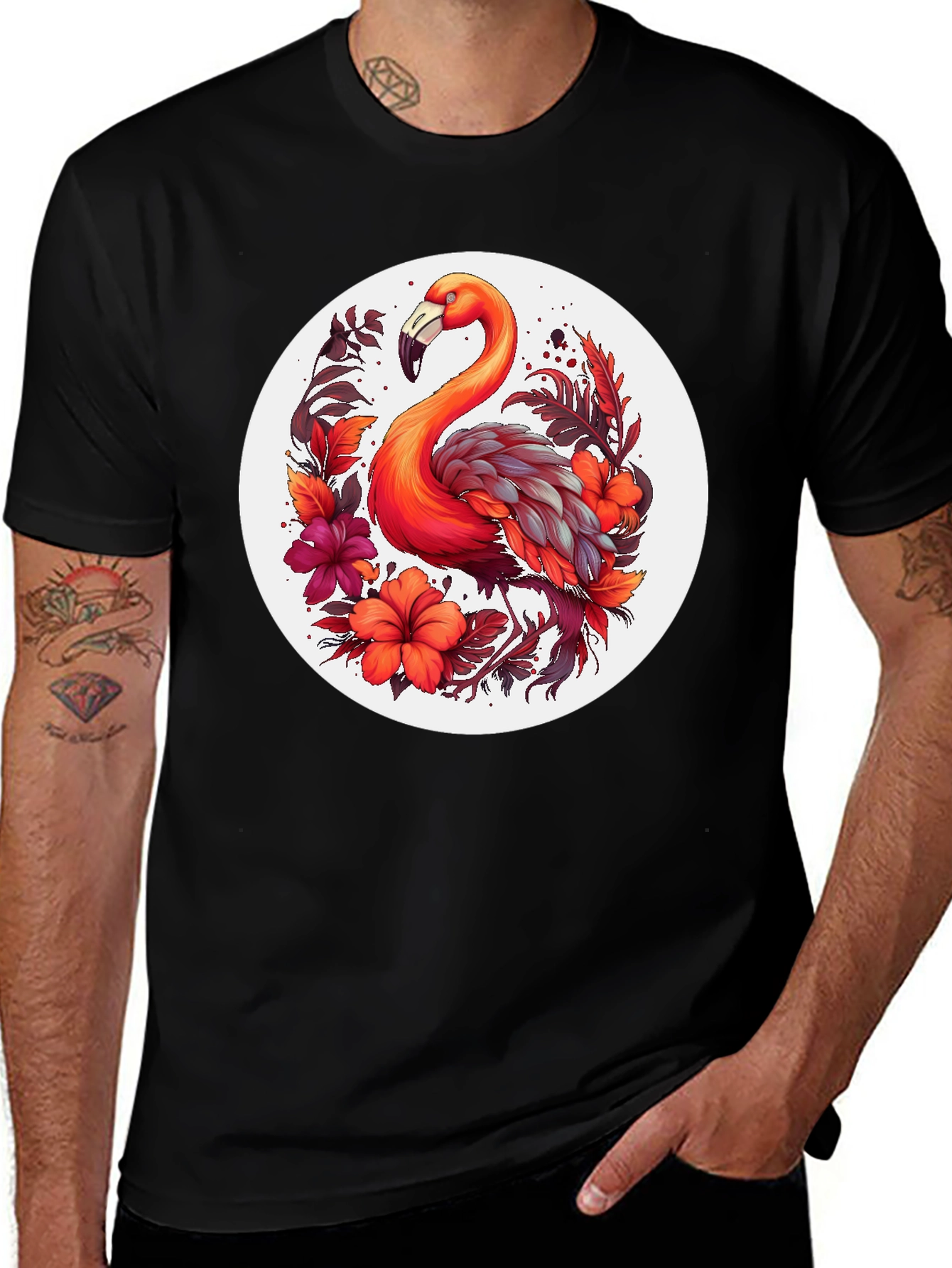 Variant 15 of Flamingo Floral Graphic Tee - Stylish Men's Black T-Shirt