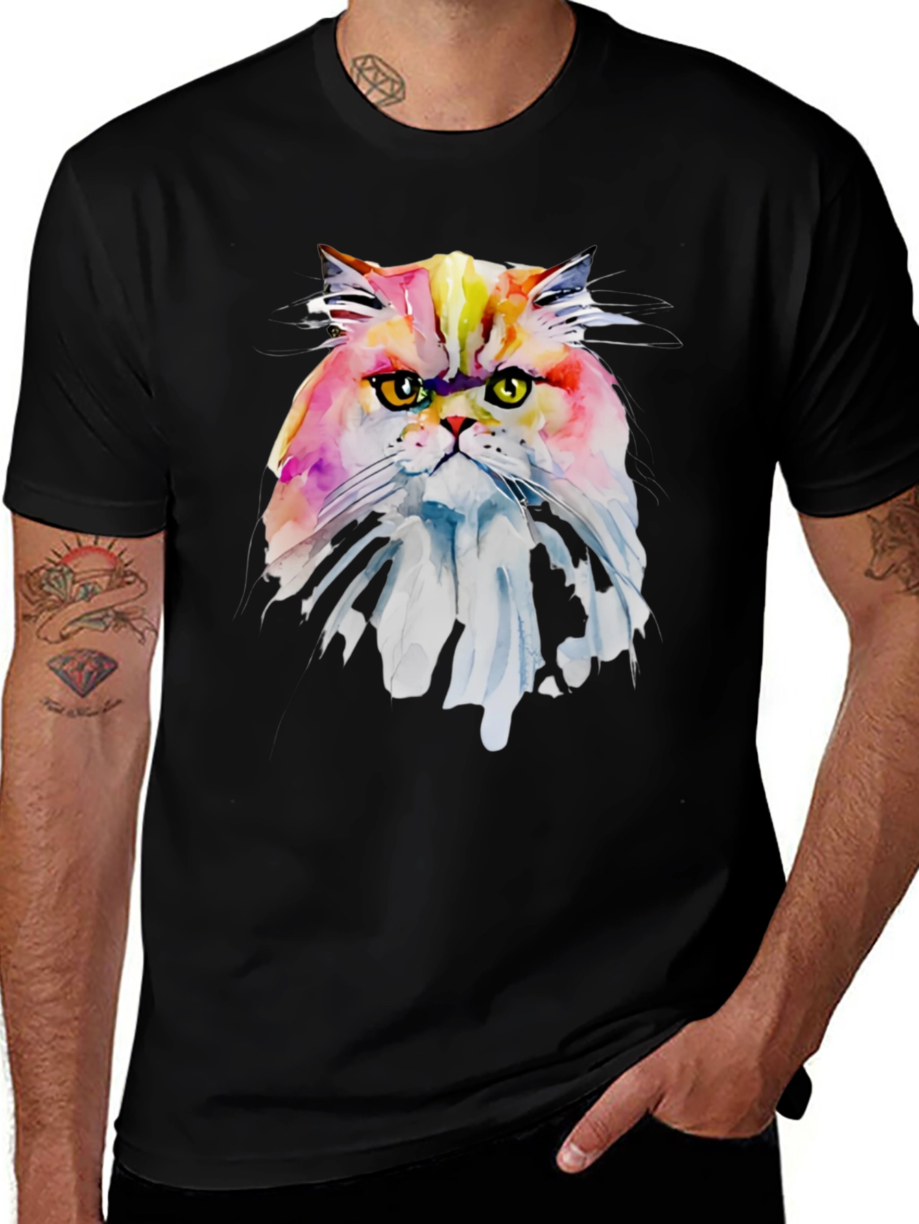 Variant 24 of Watercolor Cat Graphic Tee - Soft Black Cotton
