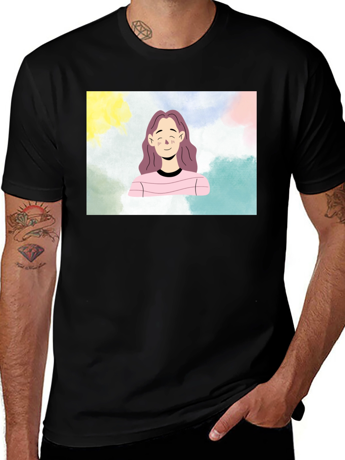 Watercolor Girl Graphic Black T-Shirt