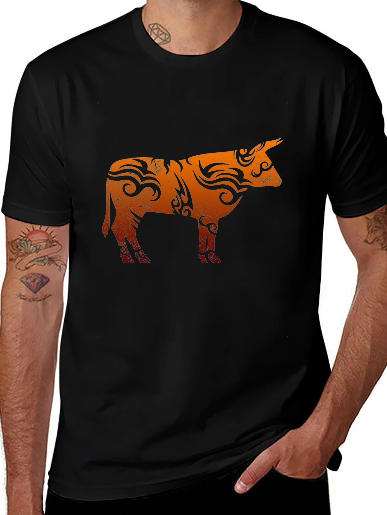 Tribal Bull Graphic T-Shirt - Black Cotton Blend Tee