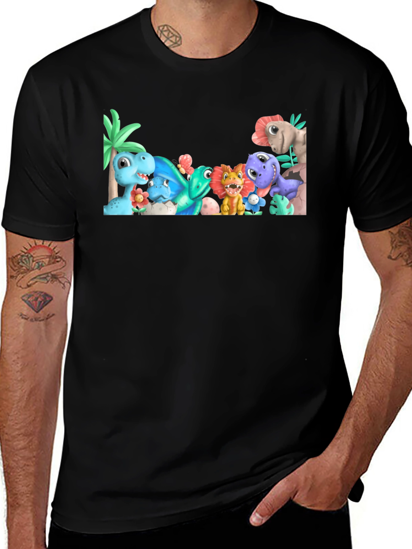 Variant 24 of Cute Cartoon Dinosaur Graphic Black T-Shirt
