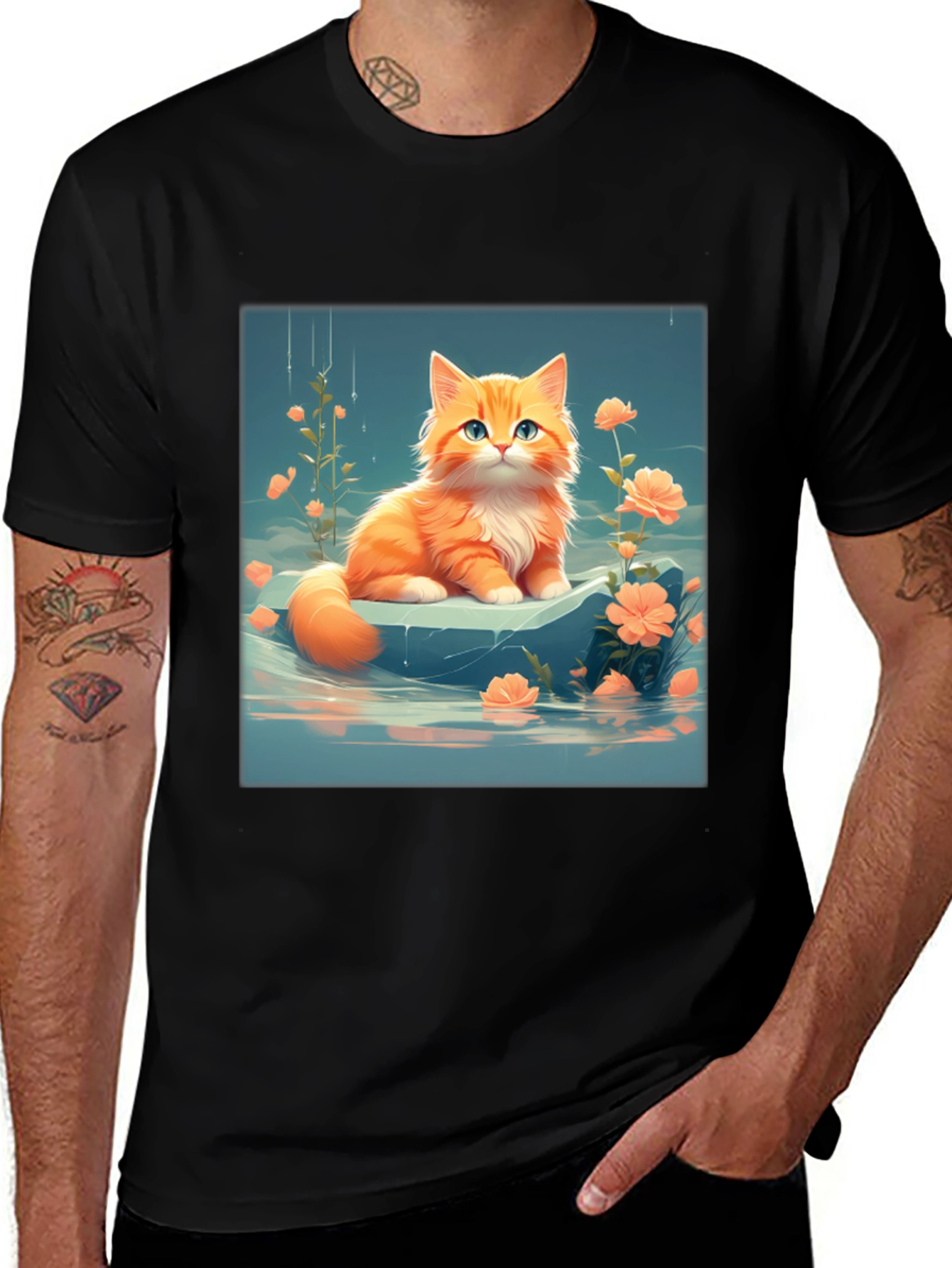 Variant 17 of Cute Kitten & Flowers Graphic Black T-Shirt