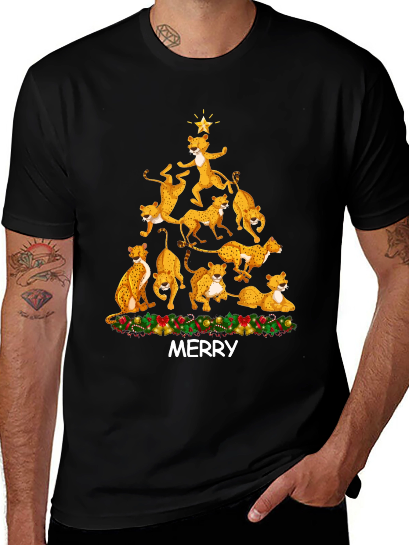 Variant 23 of Cheetah Christmas Tree T-Shirt - "MERRY"