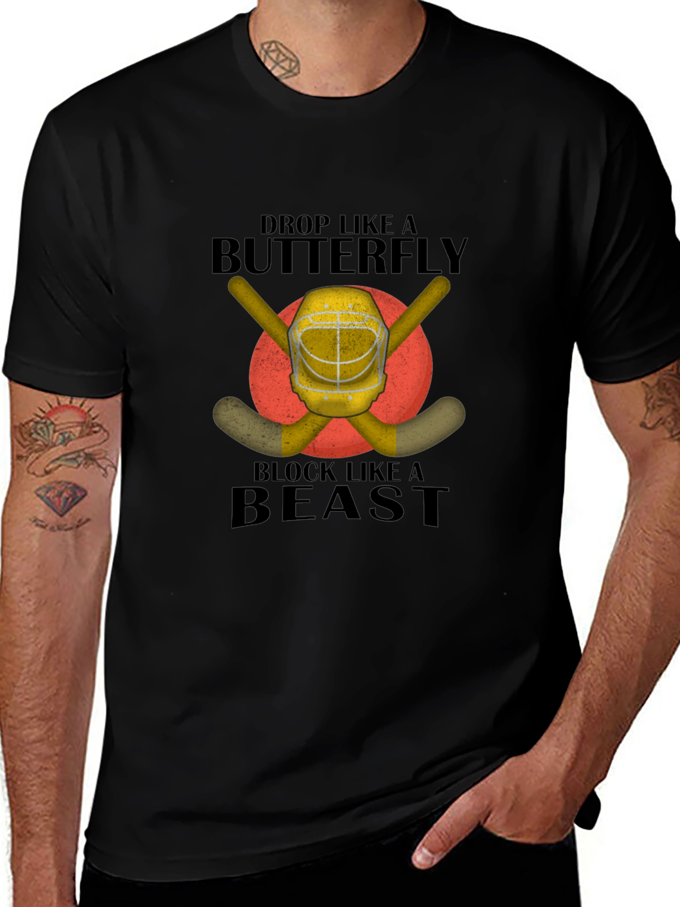 Variant 13 of Hockey Goalie T-Shirt: Drop Like a Butterfly, Block Like a Beast