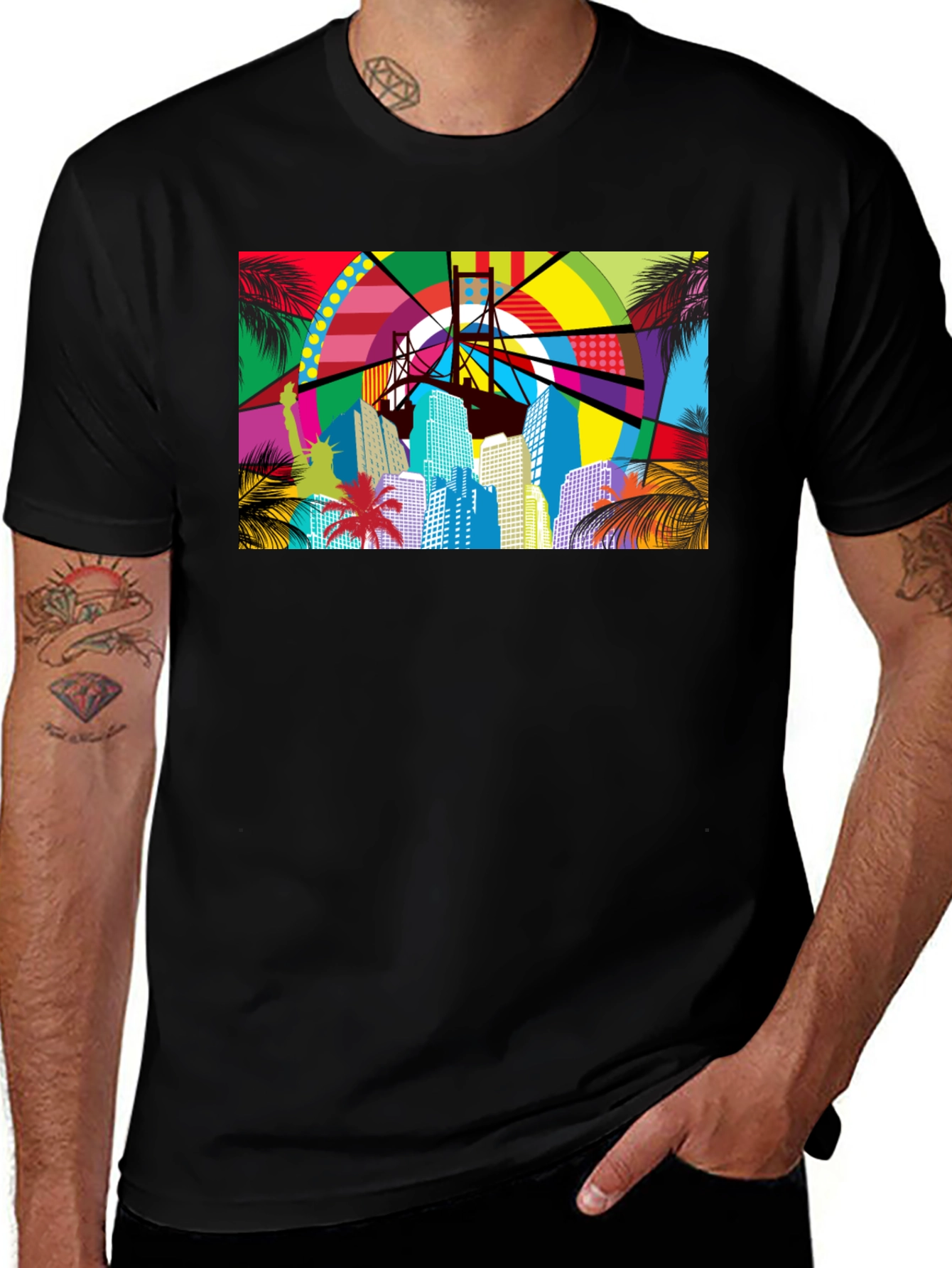Variant 8 of Vibrant Cityscape Graphic Print Black T-Shirt