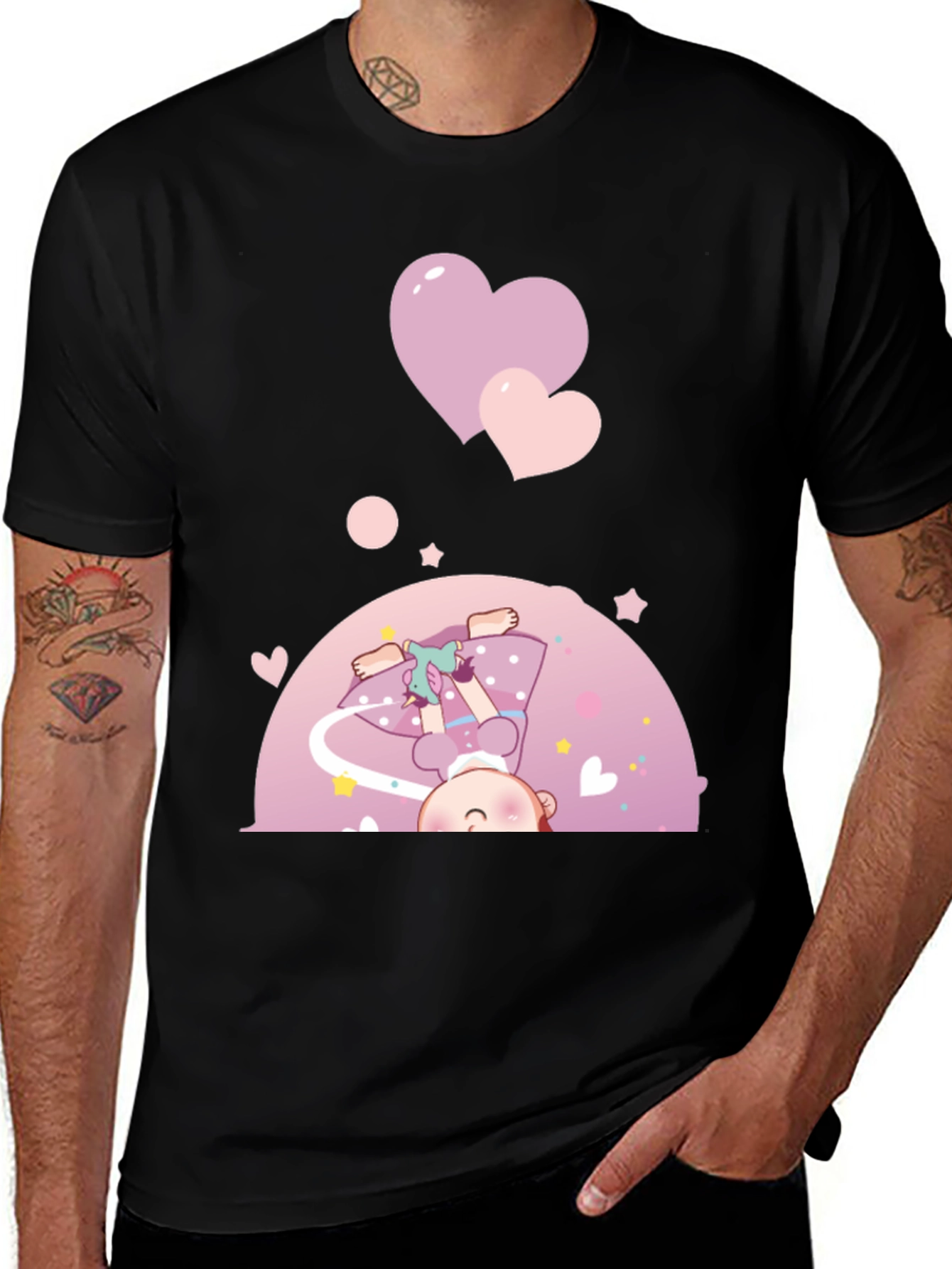 Variant 23 of Cute Cartoon Girl with Hearts Black T-Shirt