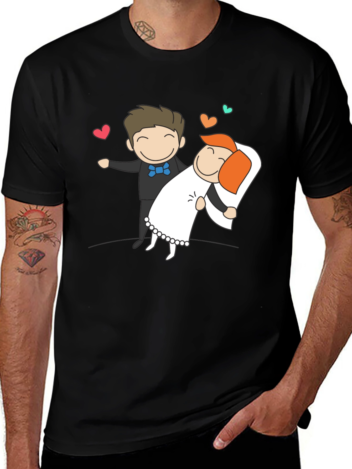 Cartoon Wedding Couple Graphic Tee - Black T-Shirt