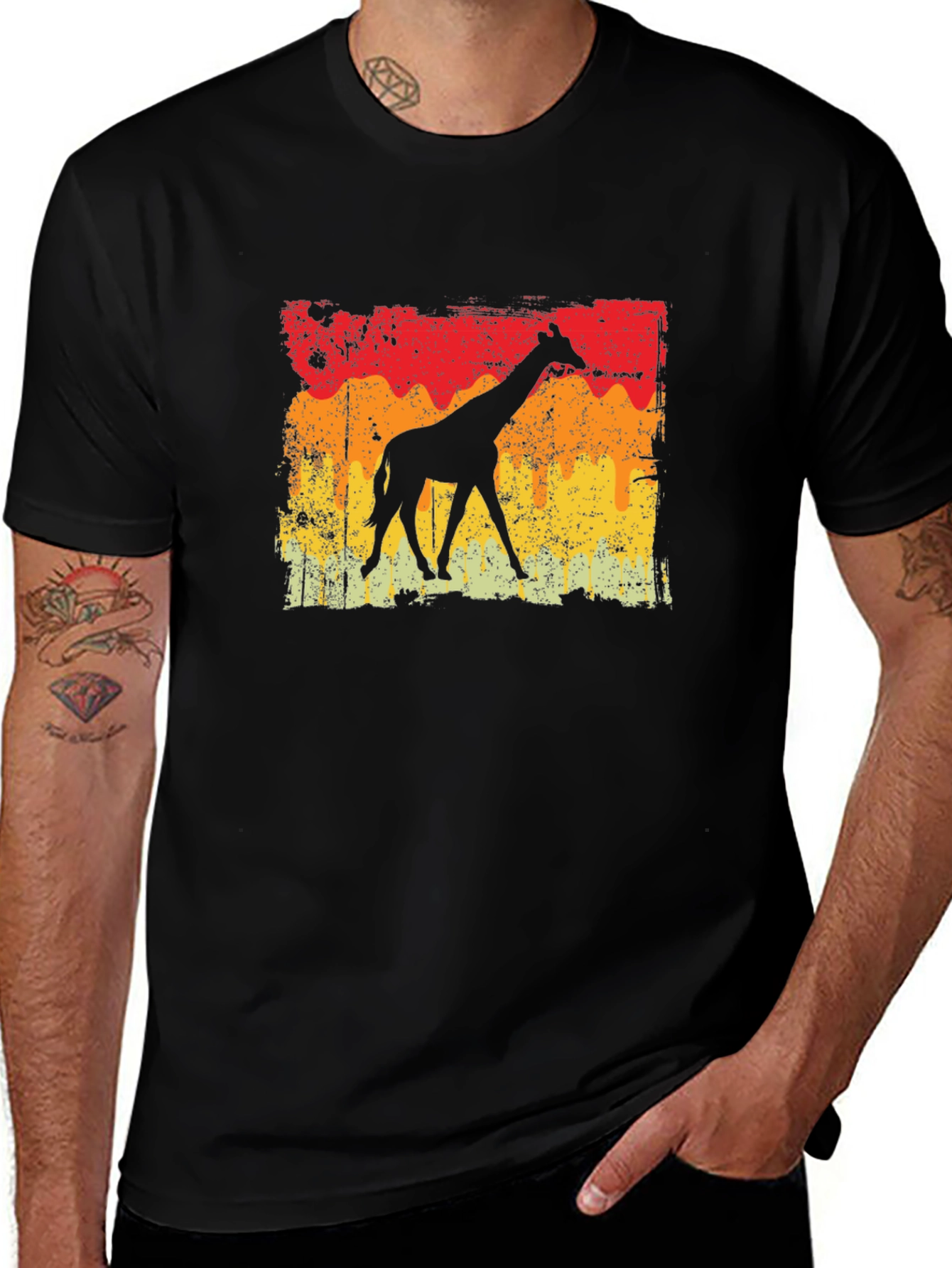 Variant 4 of Giraffe Silhouette Graphic Tee - Distressed Sunset Style