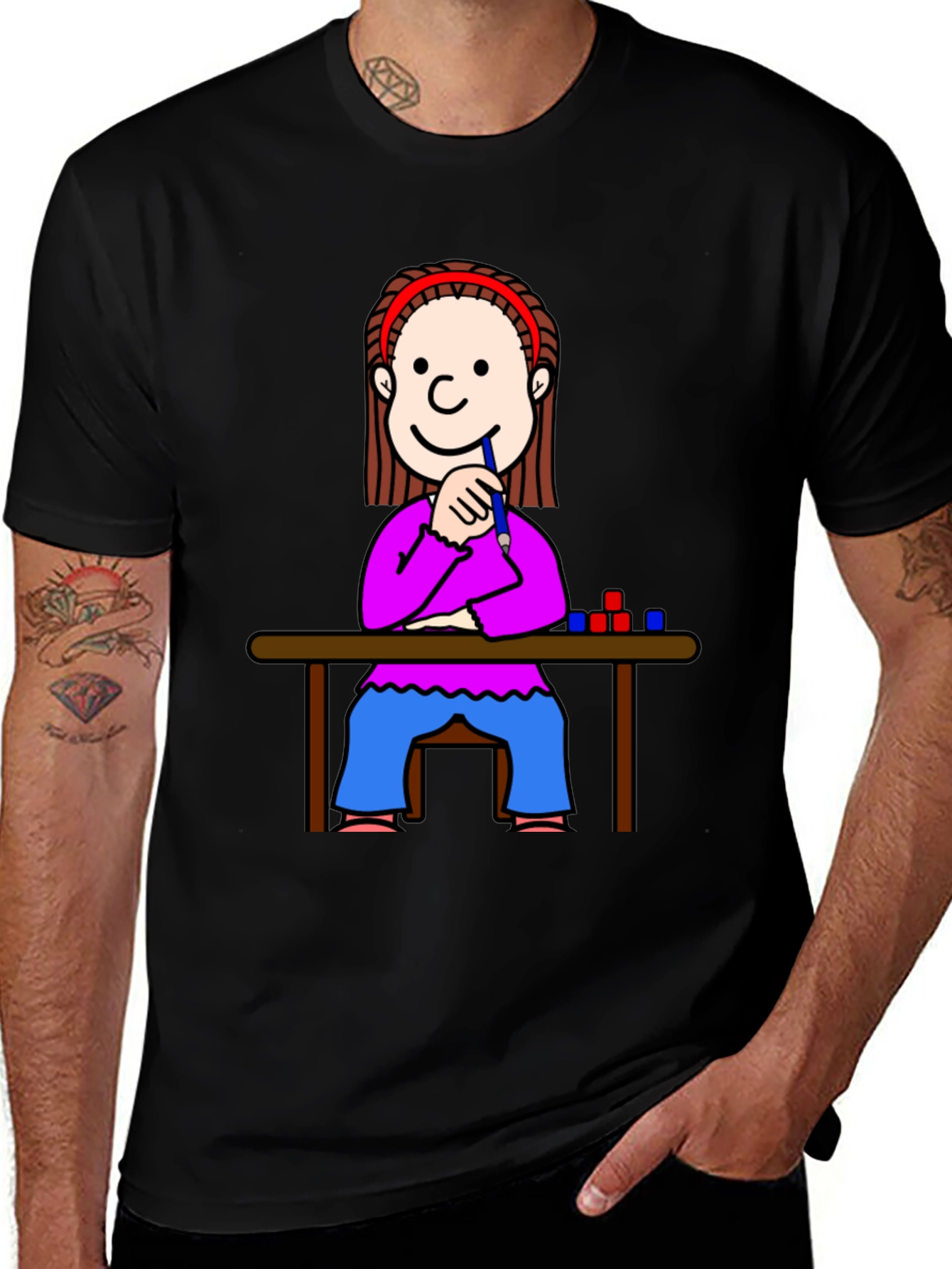 Variant 23 of Cartoon Girl at Desk Black T-Shirt