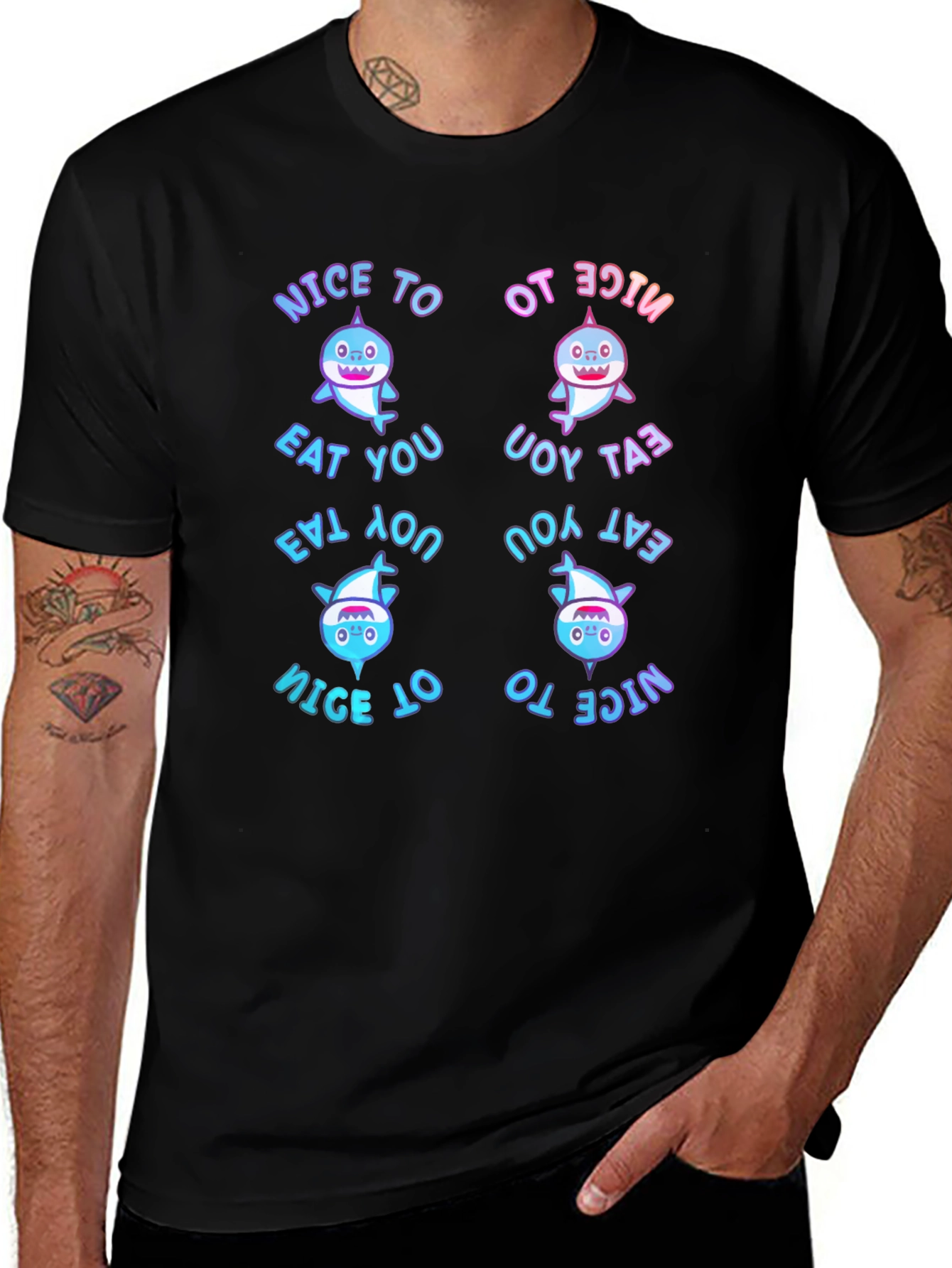 Variant 24 of Funny Shark Black T-Shirt - Nice to Eat You Graphic Tee
