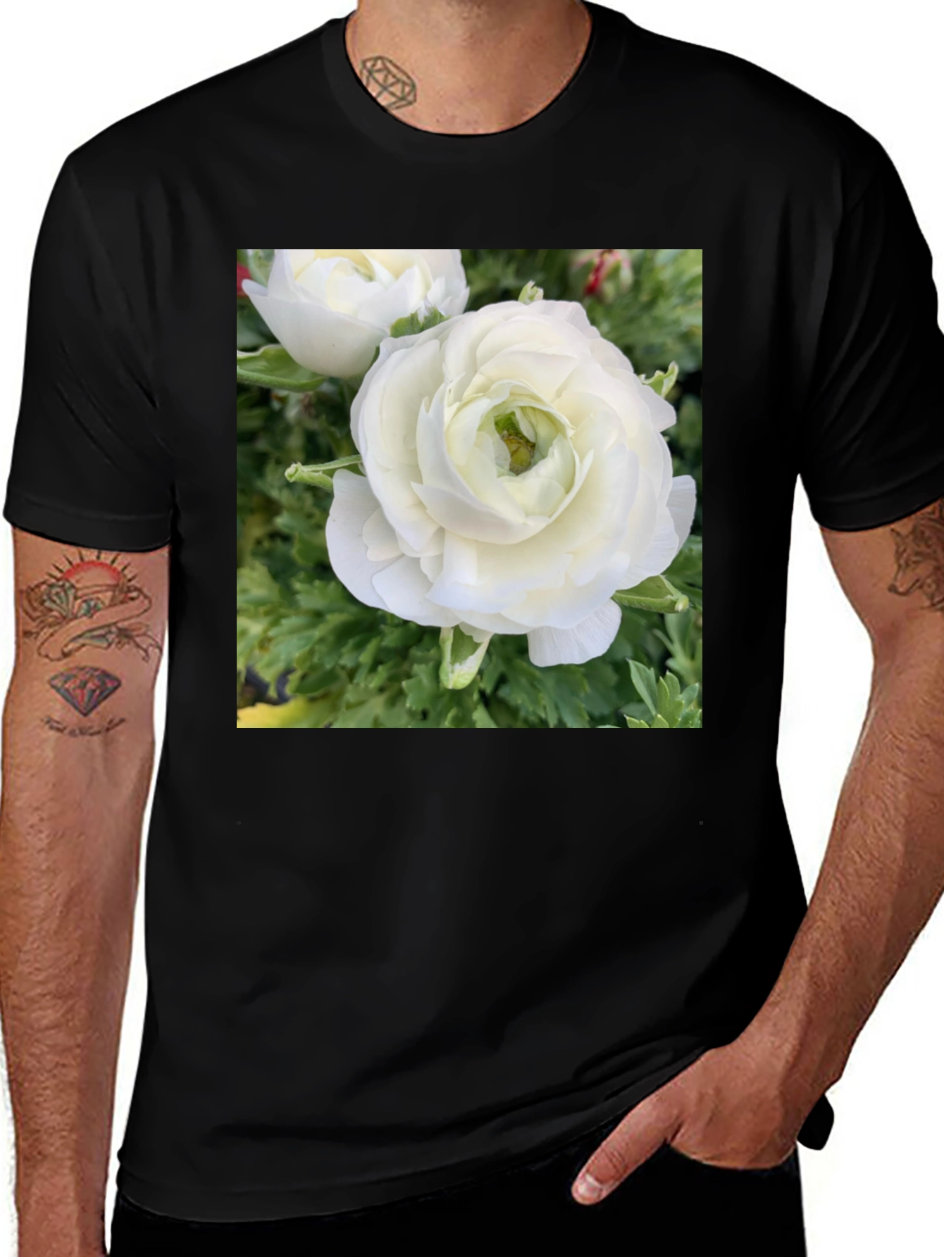Variant 8 of Floral T-Shirt: White Ranunculus Flower Design