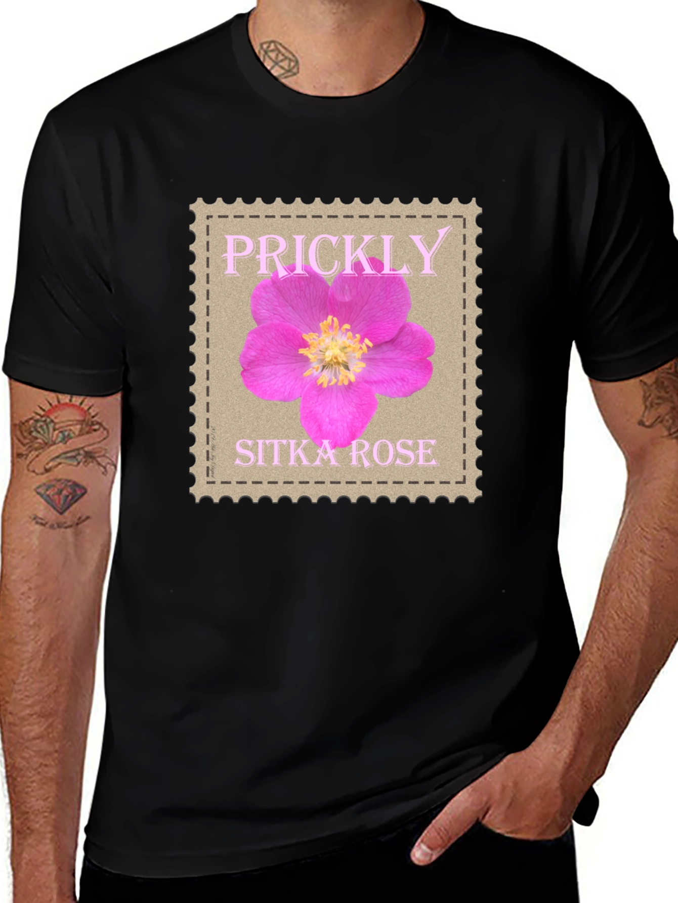 Variant 3 of Prickly Sitka Rose Stamp Style T-Shirt