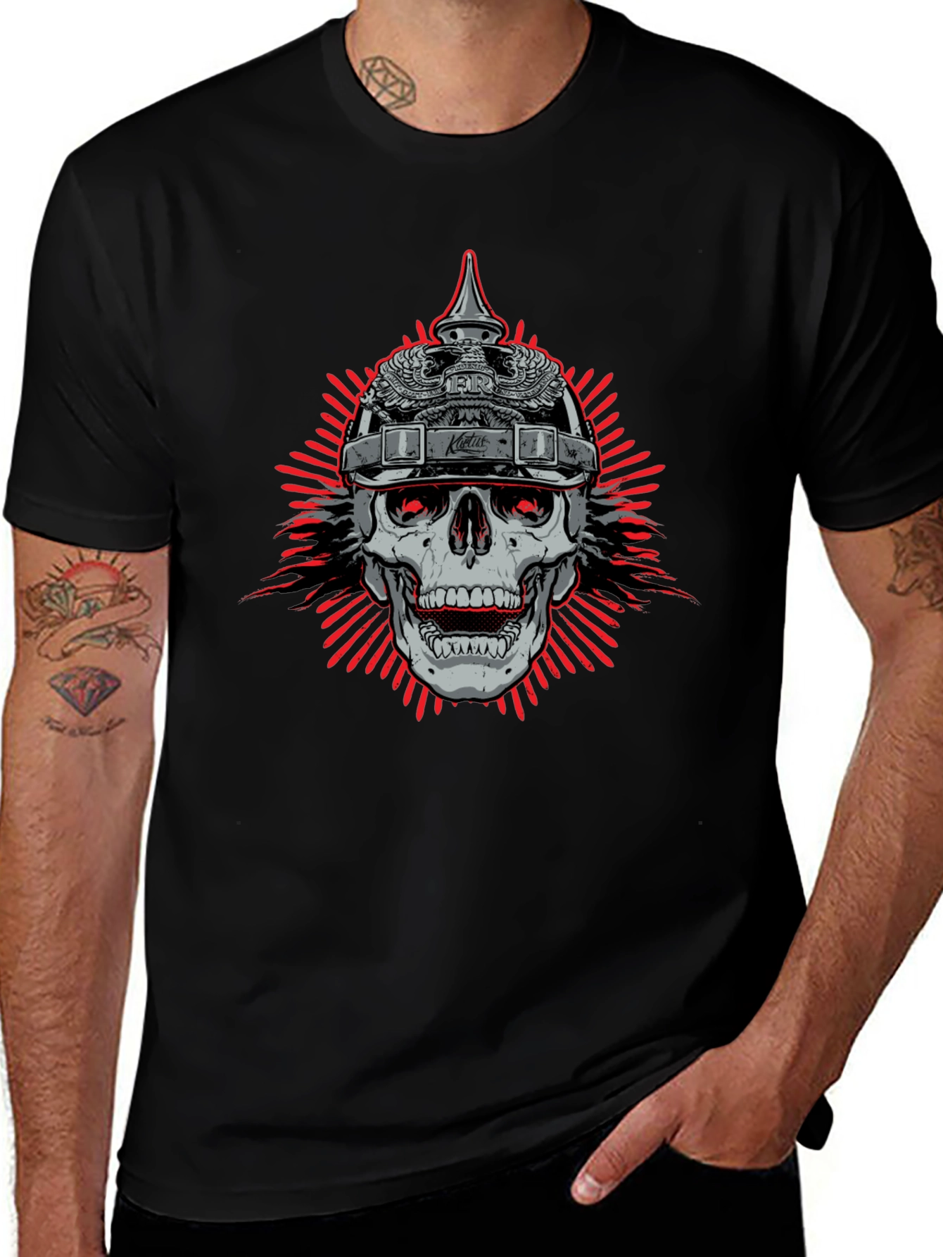 Skull with Helmet Graphic Black T-Shirt