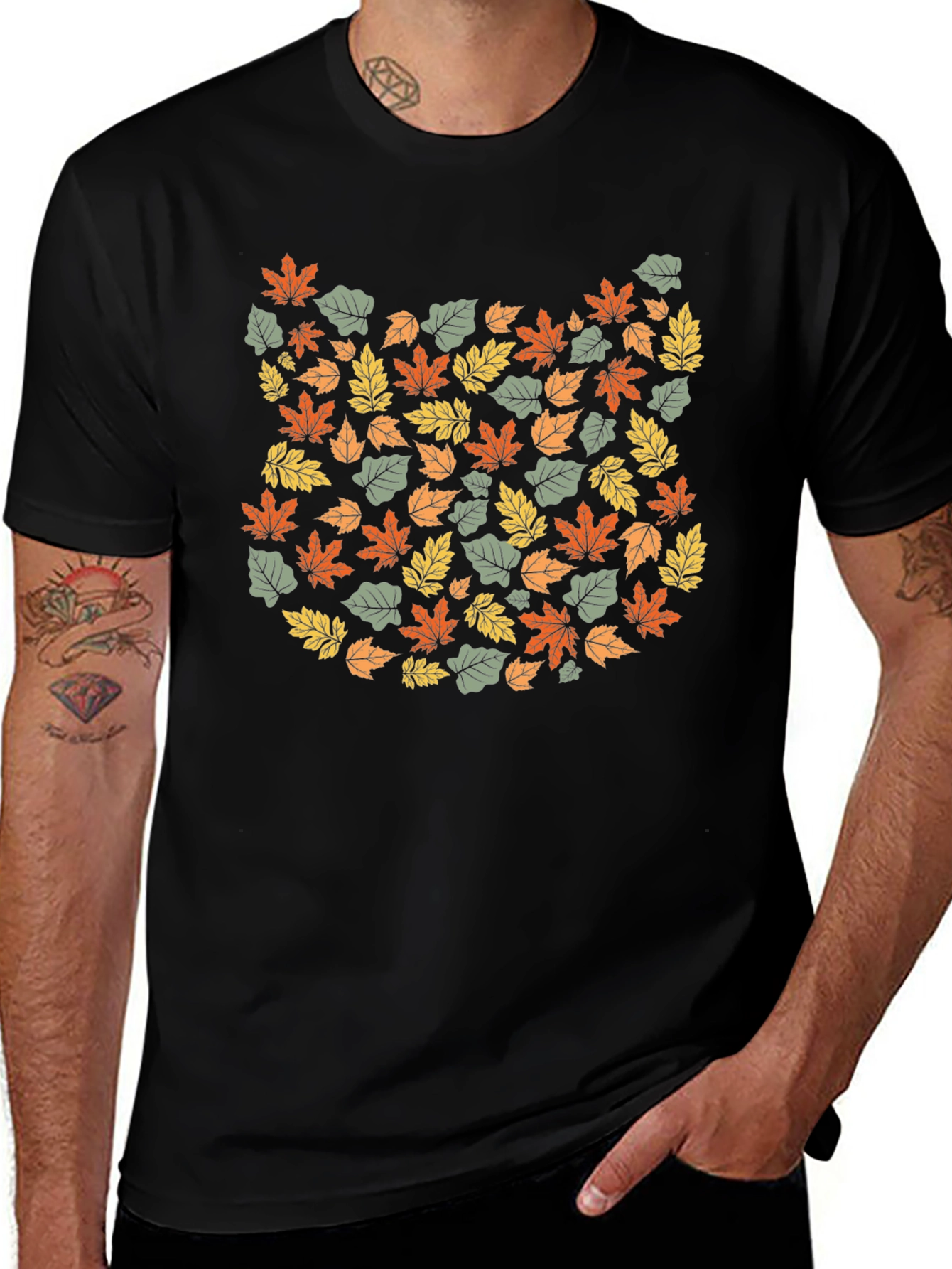 Variant 20 of Autumn Leaves Cat Graphic T-Shirt - Black