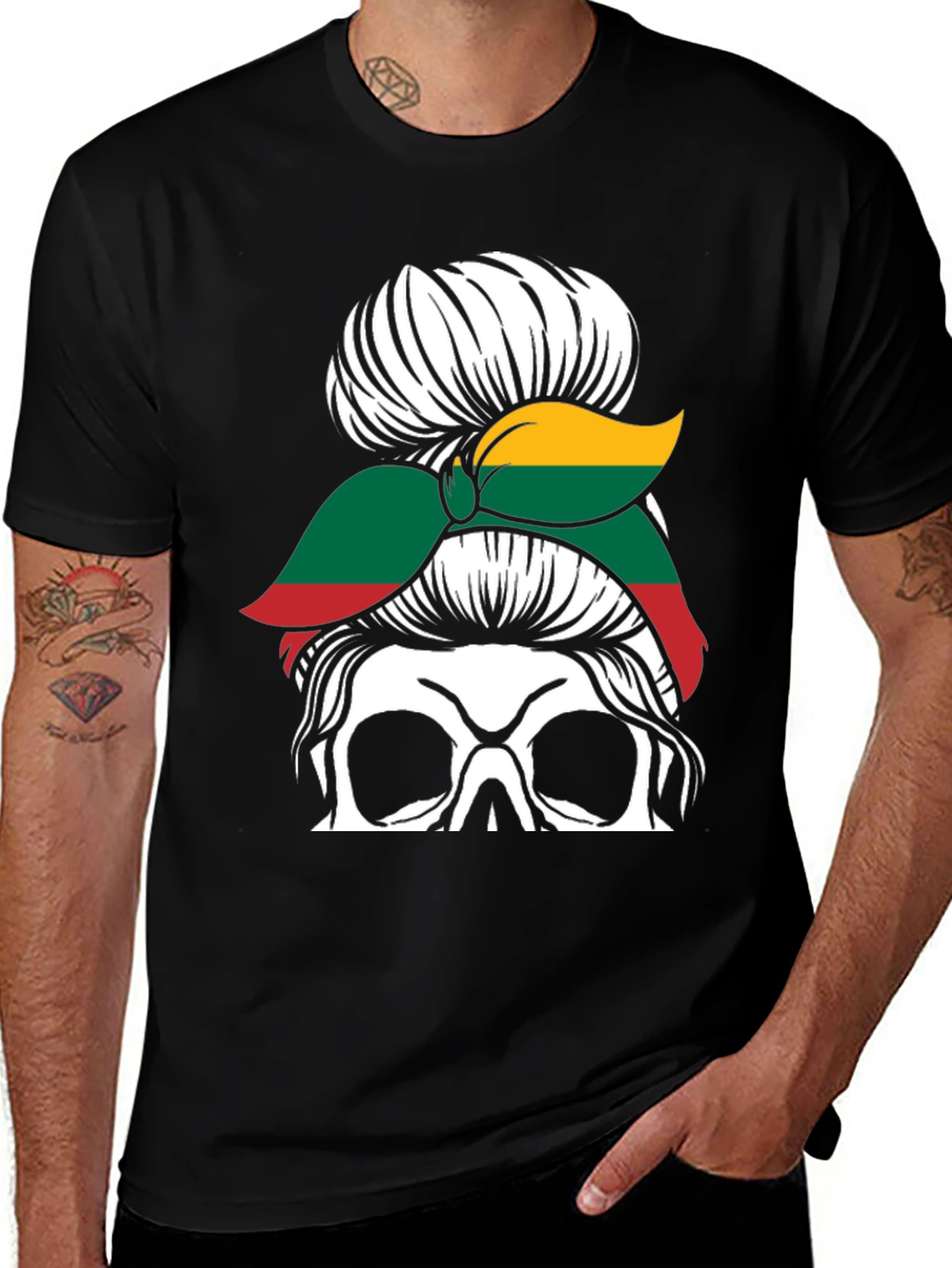 Lithuania Flag Messy Bun Skull Graphic T-Shirt