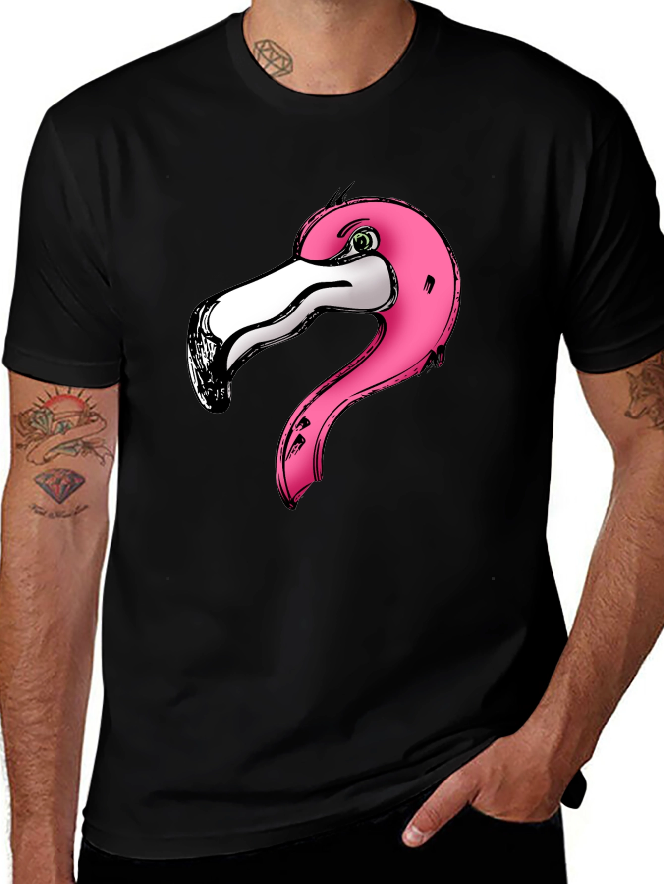 Variant 28 of Pink Flamingo Graphic Print Black T-Shirt