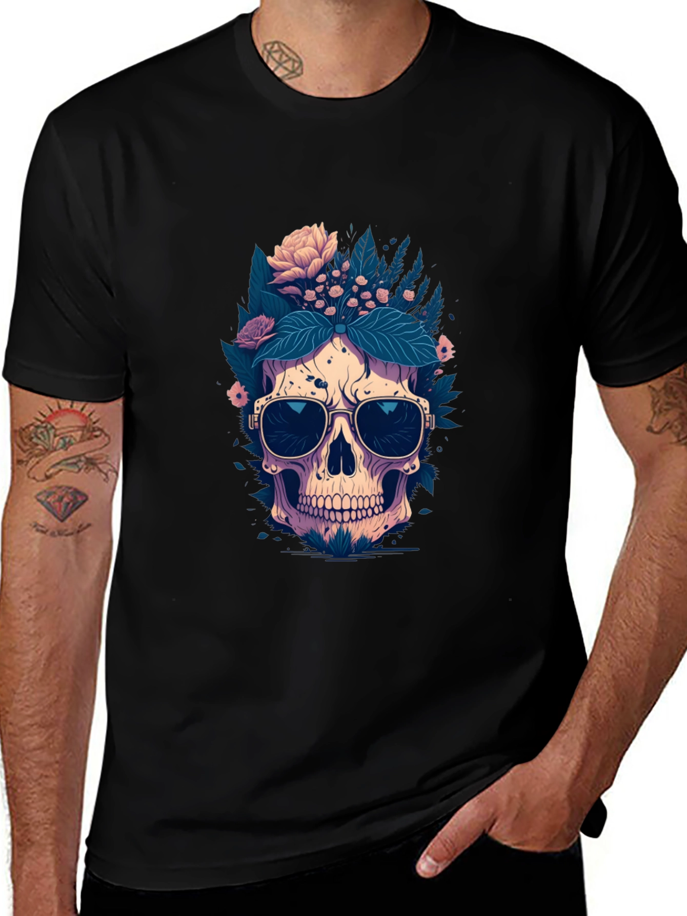 Variant 19 of Floral Skull Graphic Tee - Cool & Edgy Style