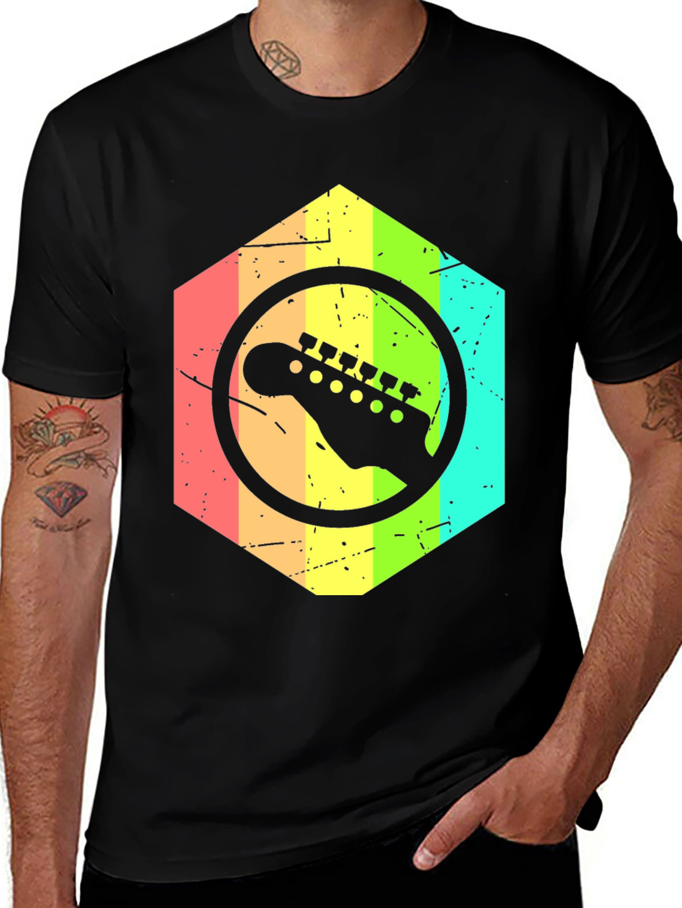 Variant 18 of Retro Guitar Headstock Rainbow T-Shirt