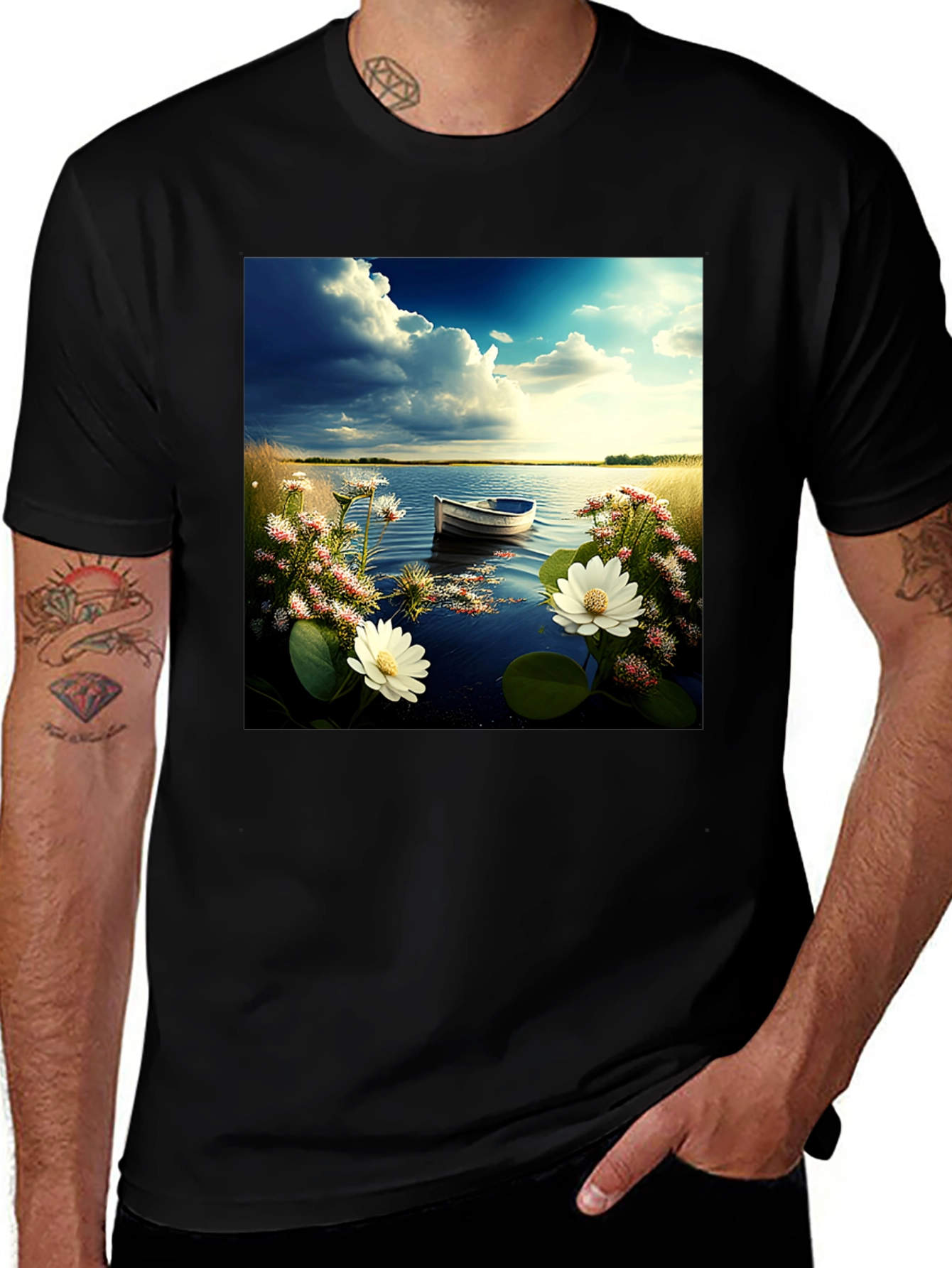 Variant 11 of Nature's Calm Tee: Lakeside Boat & Floral Design