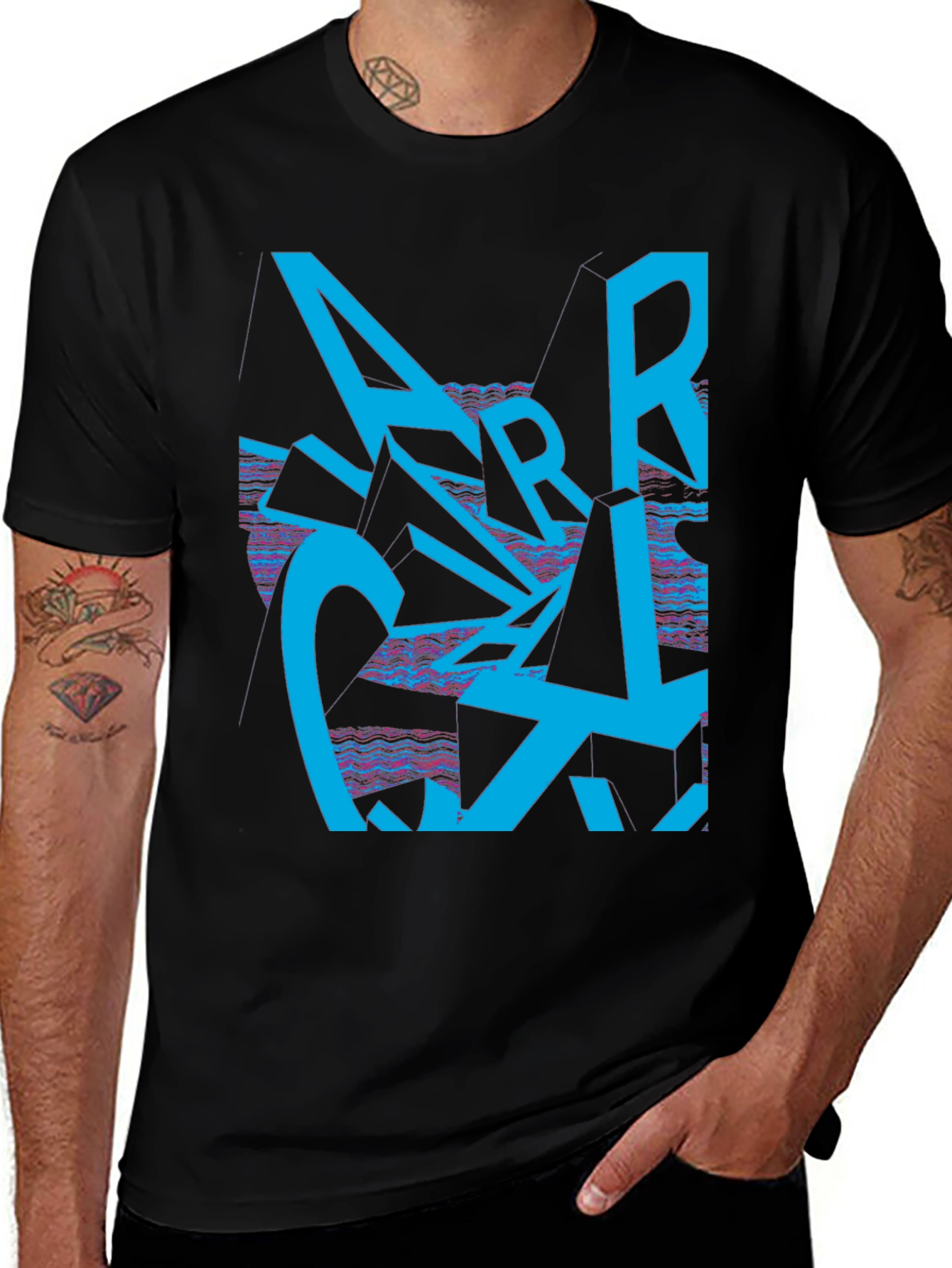 Abstract Blue Lettering Graphic T-Shirt