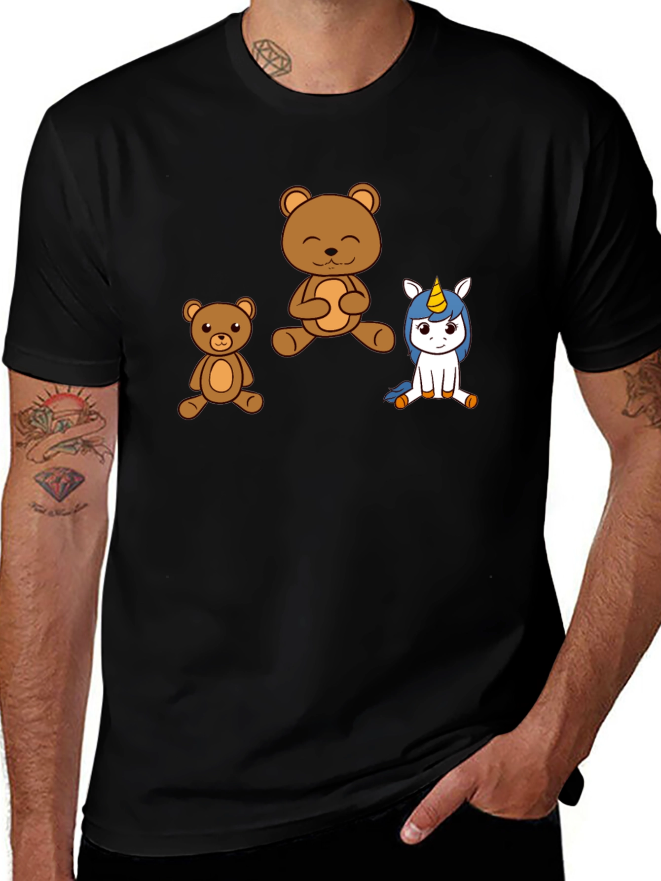 Variant 13 of Cute Cartoon Bears & Unicorn Black T-Shirt