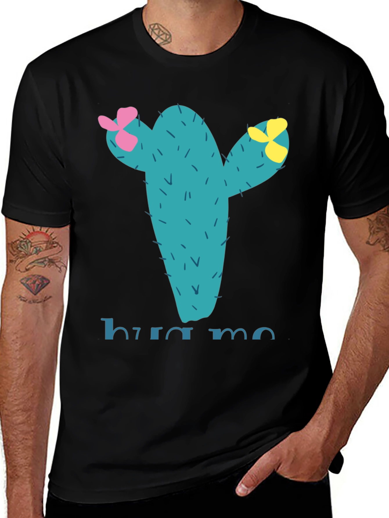 Variant 30 of Hug Me Cactus T-Shirt - Black Cotton Tee