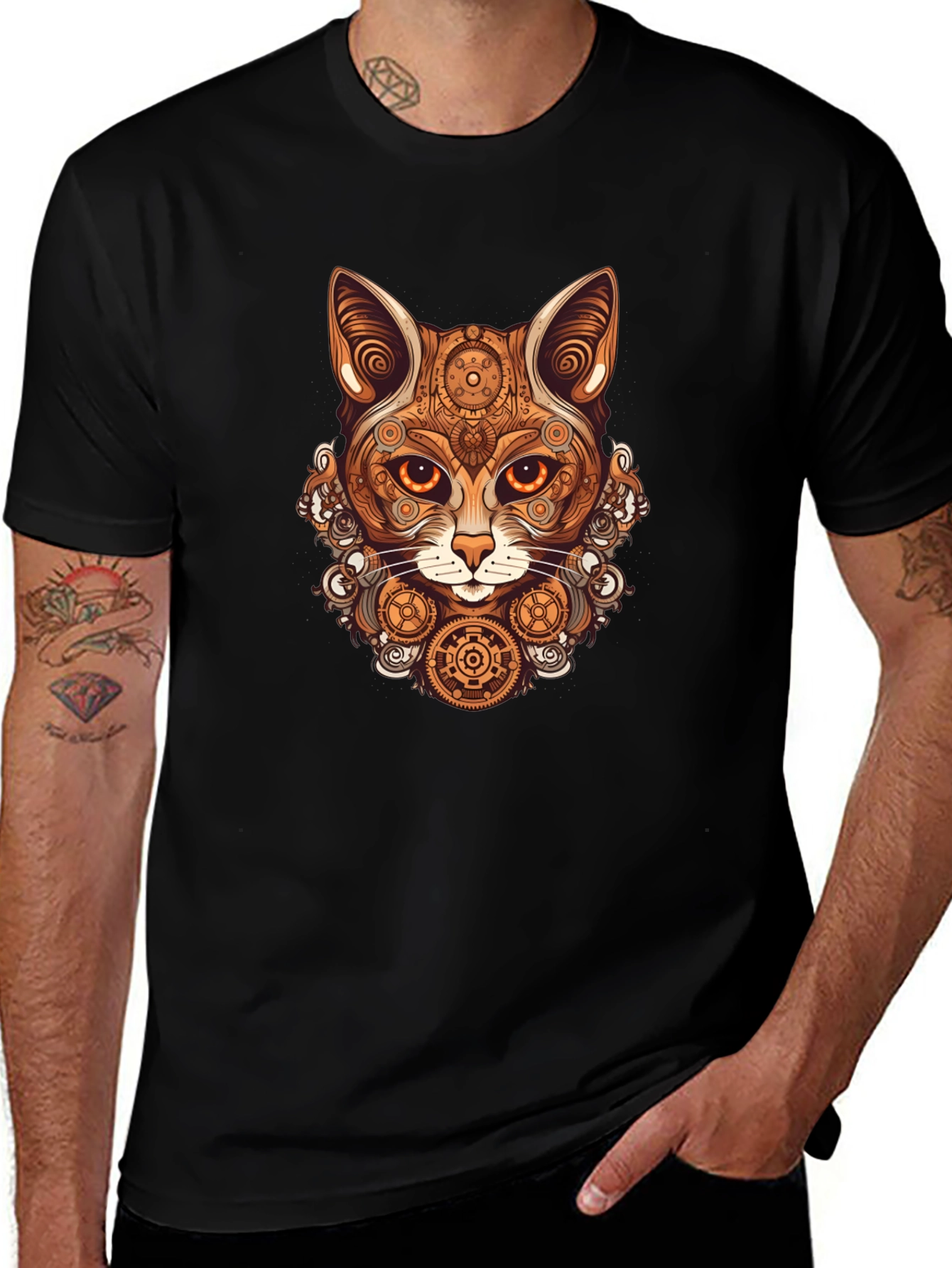 Variant 29 of Steampunk Cat T-Shirt - Gearwork Feline Design