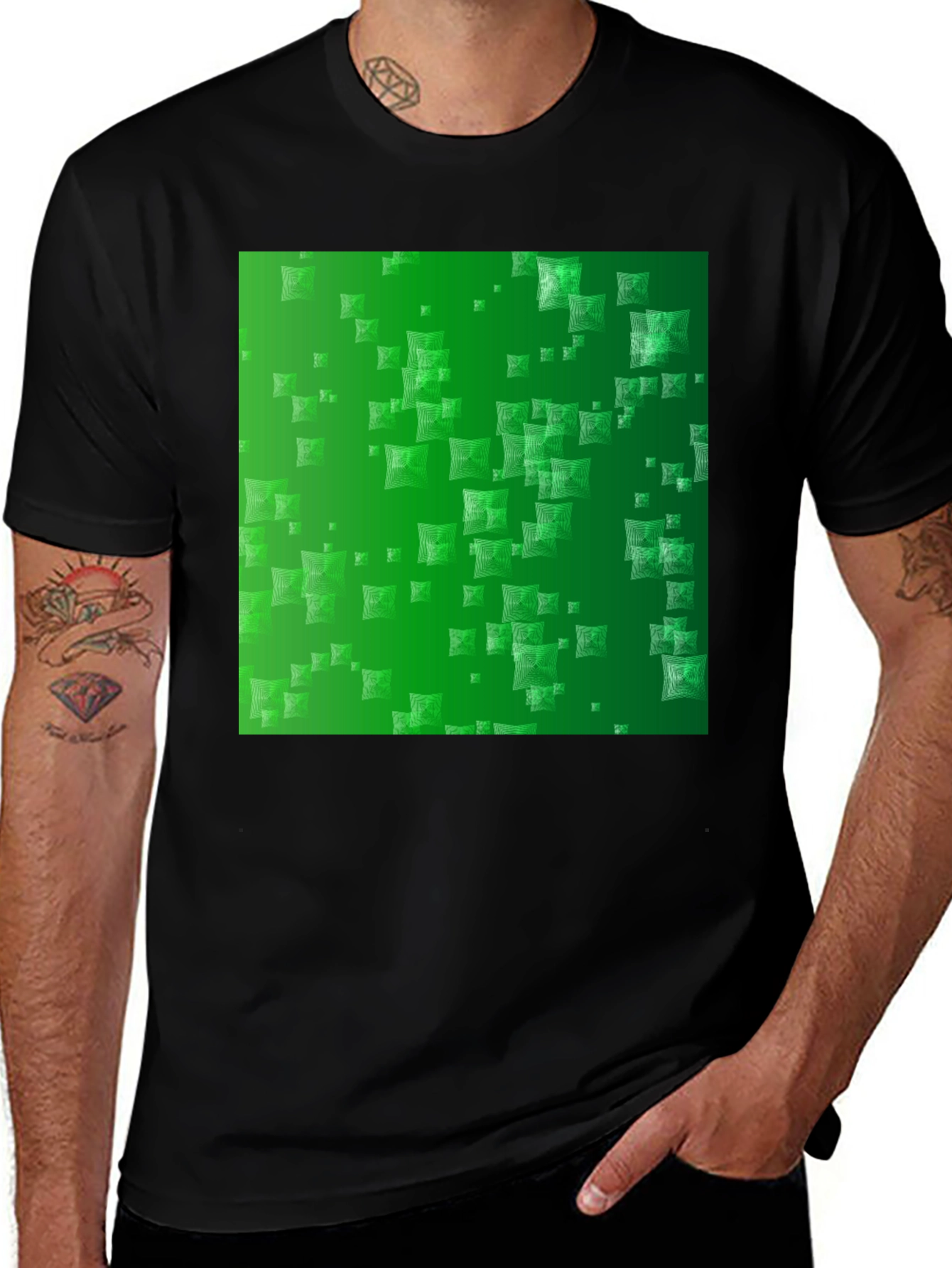 Variant 27 of Stylish Black Tee with Green Square Design