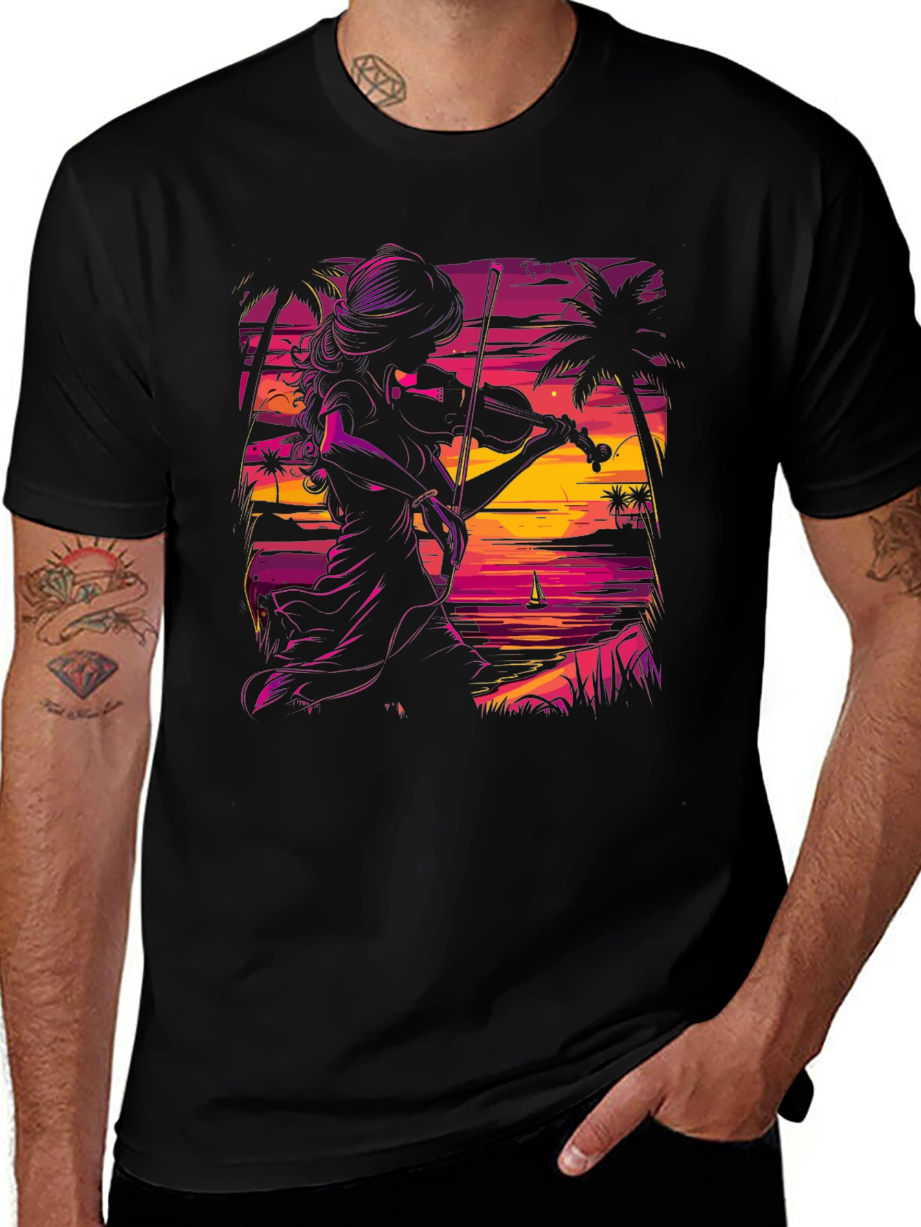 Variant 25 of Sunset Violinist Graphic Tee - Stylish Black T-Shirt