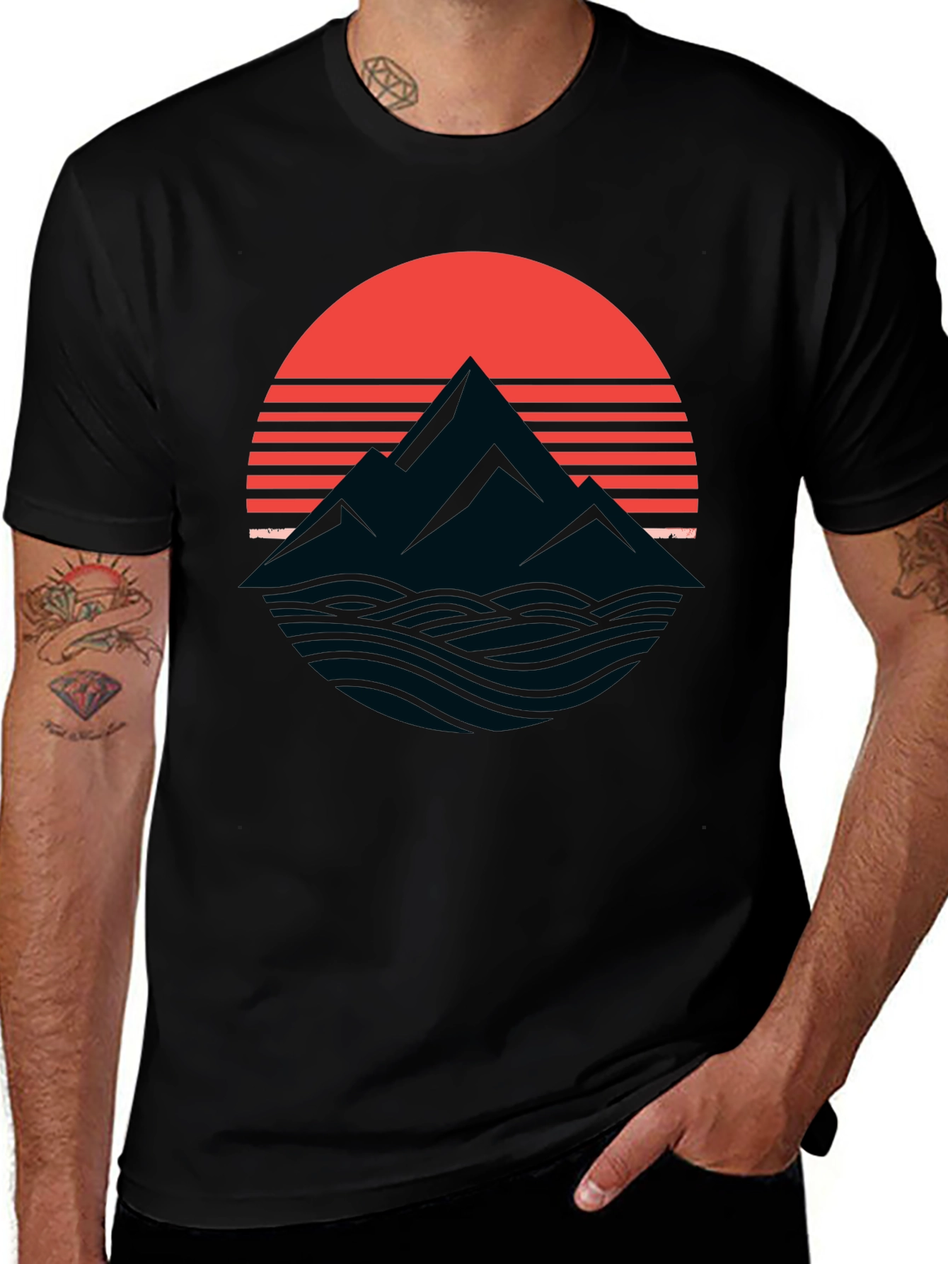 Variant 29 of Retro Mountain Sunset Graphic T-Shirt - Black