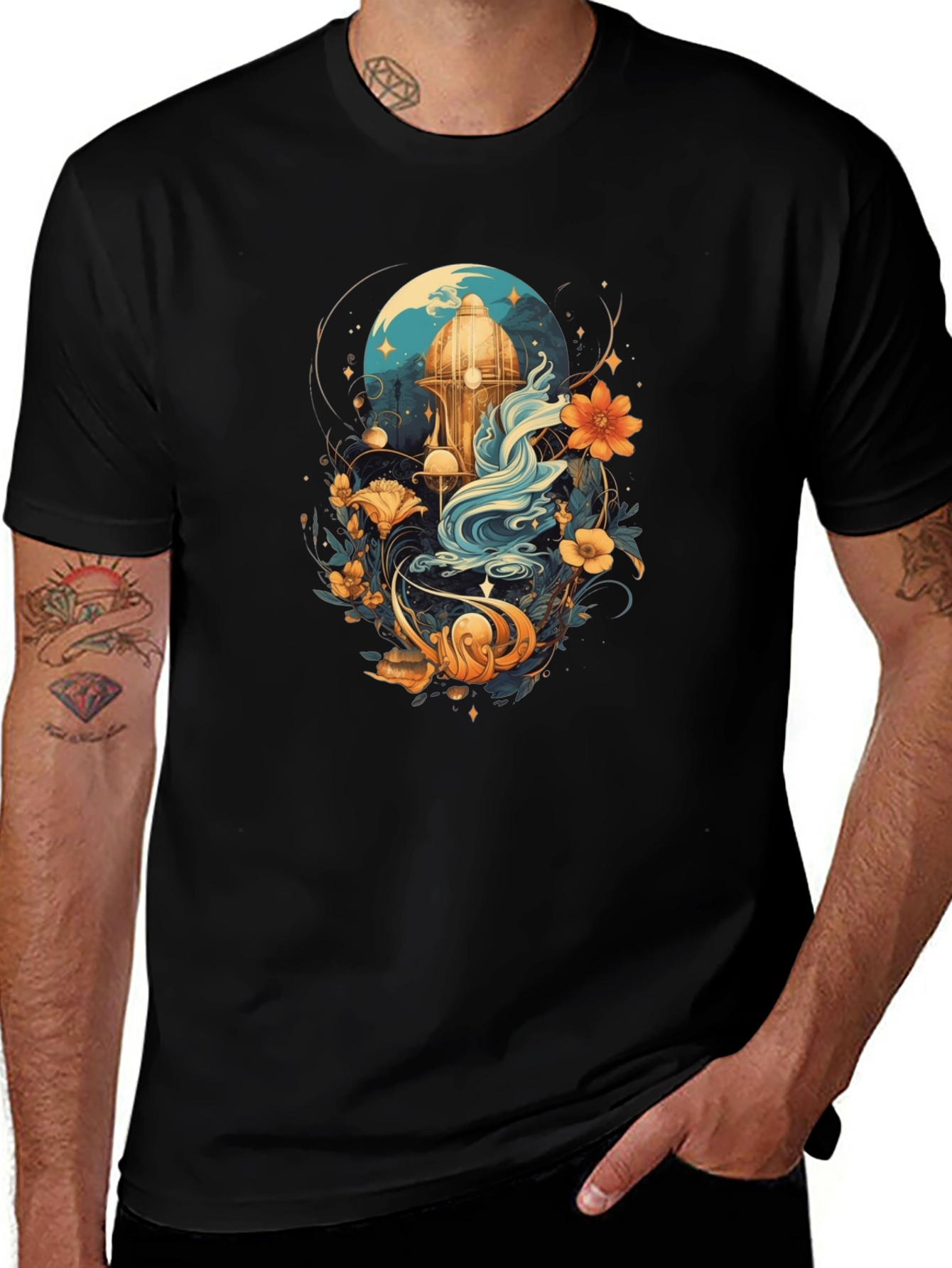 Variant 23 of Artistic Floral Water Tower Black T-Shirt