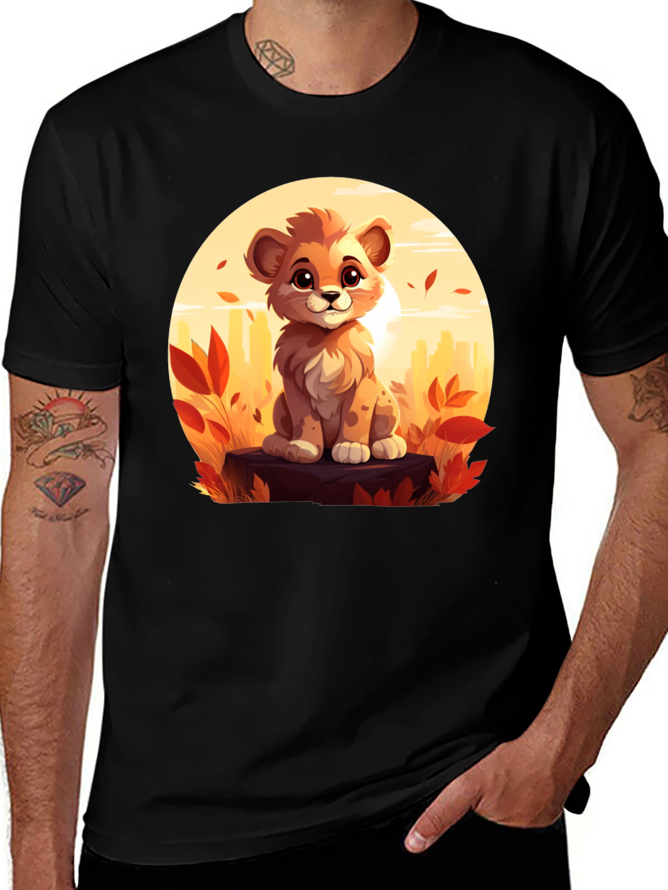 Variant 28 of Cute Lion Cub T-Shirt - Black, Cartoon Style