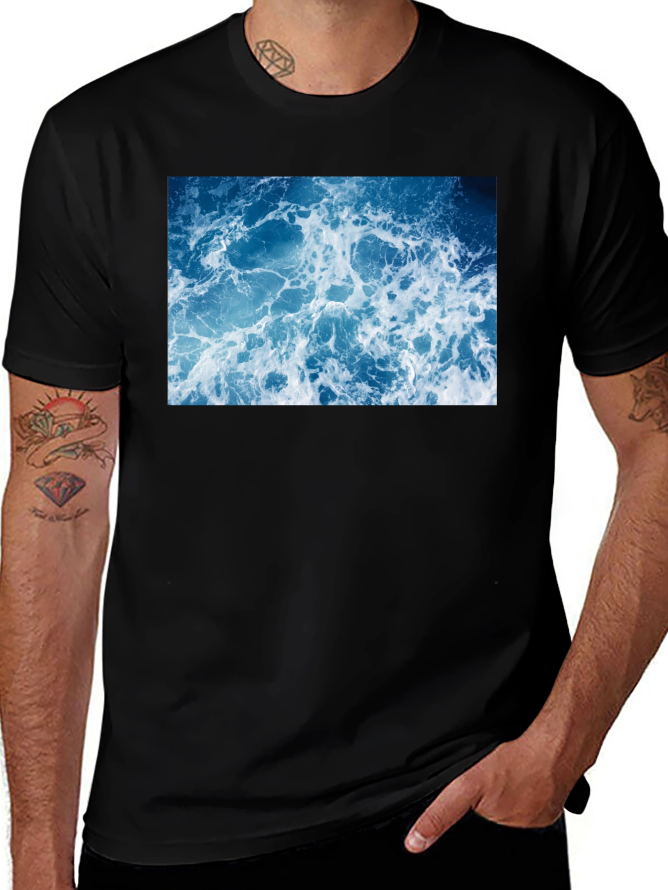 Variant 18 of Ocean Wave Print Black Tee - Mens