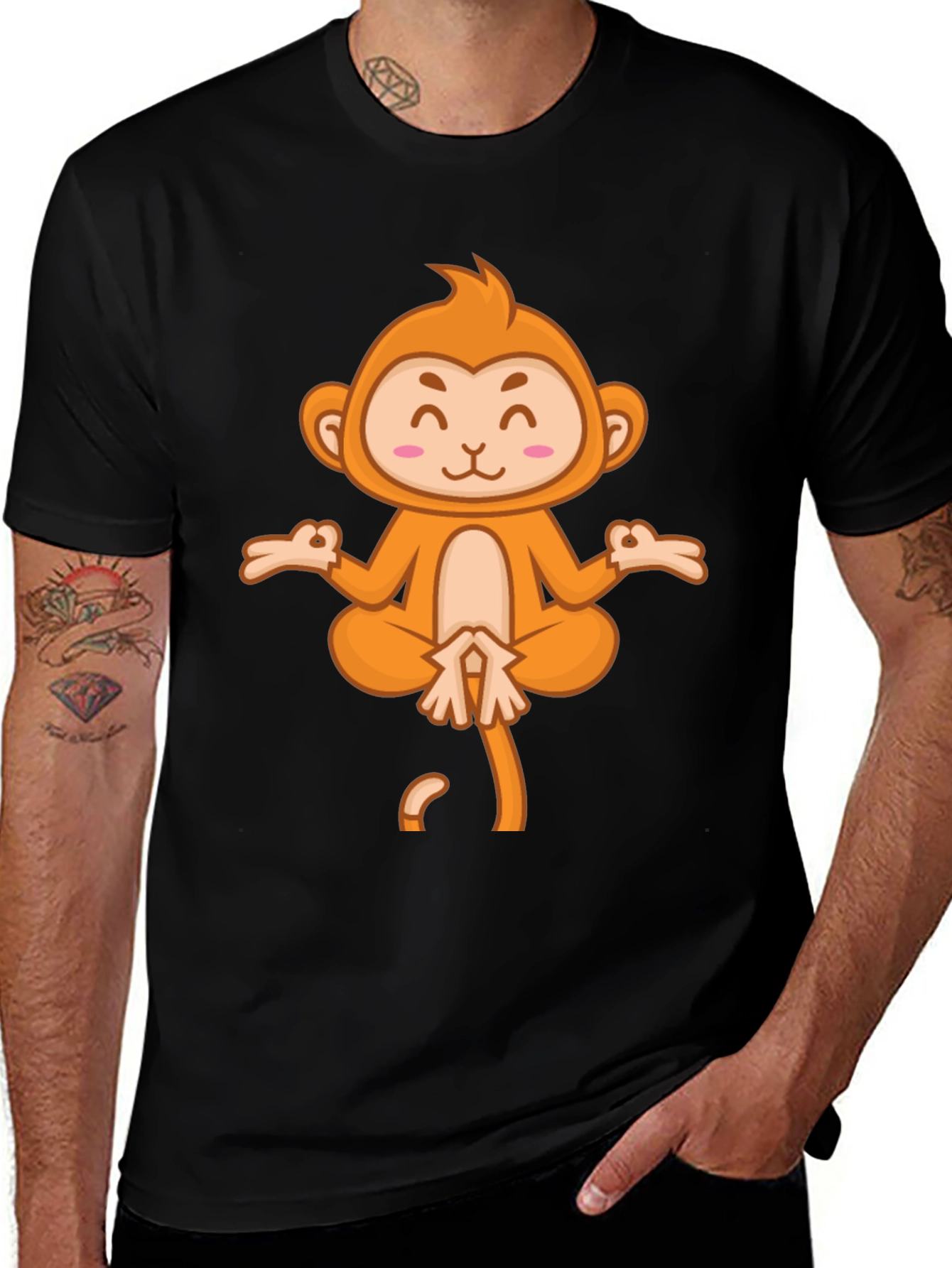 Variant 14 of Men's Black T-Shirt with Meditating Monkey Graphic