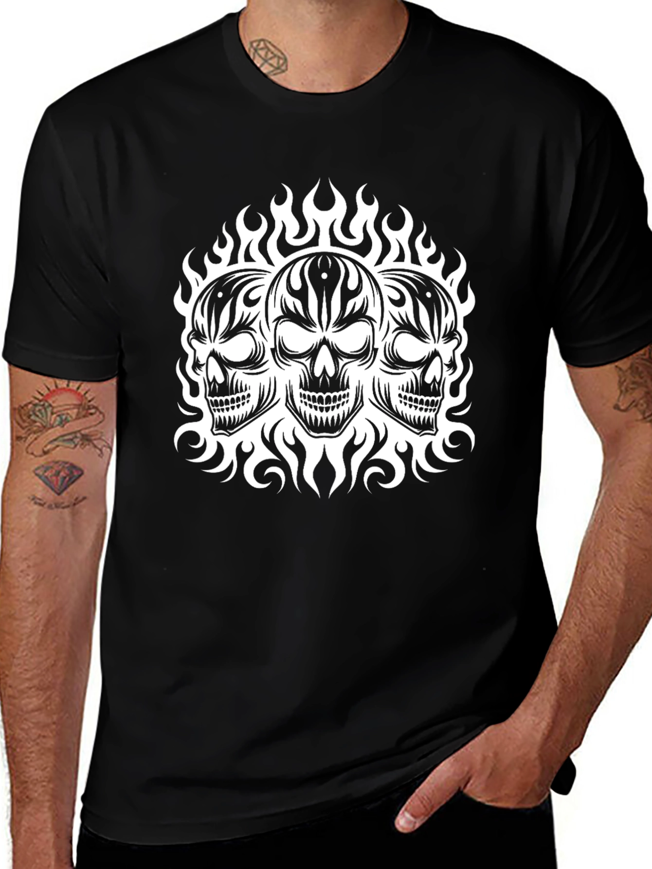 Skull Flames Graphic Print Black T-Shirt