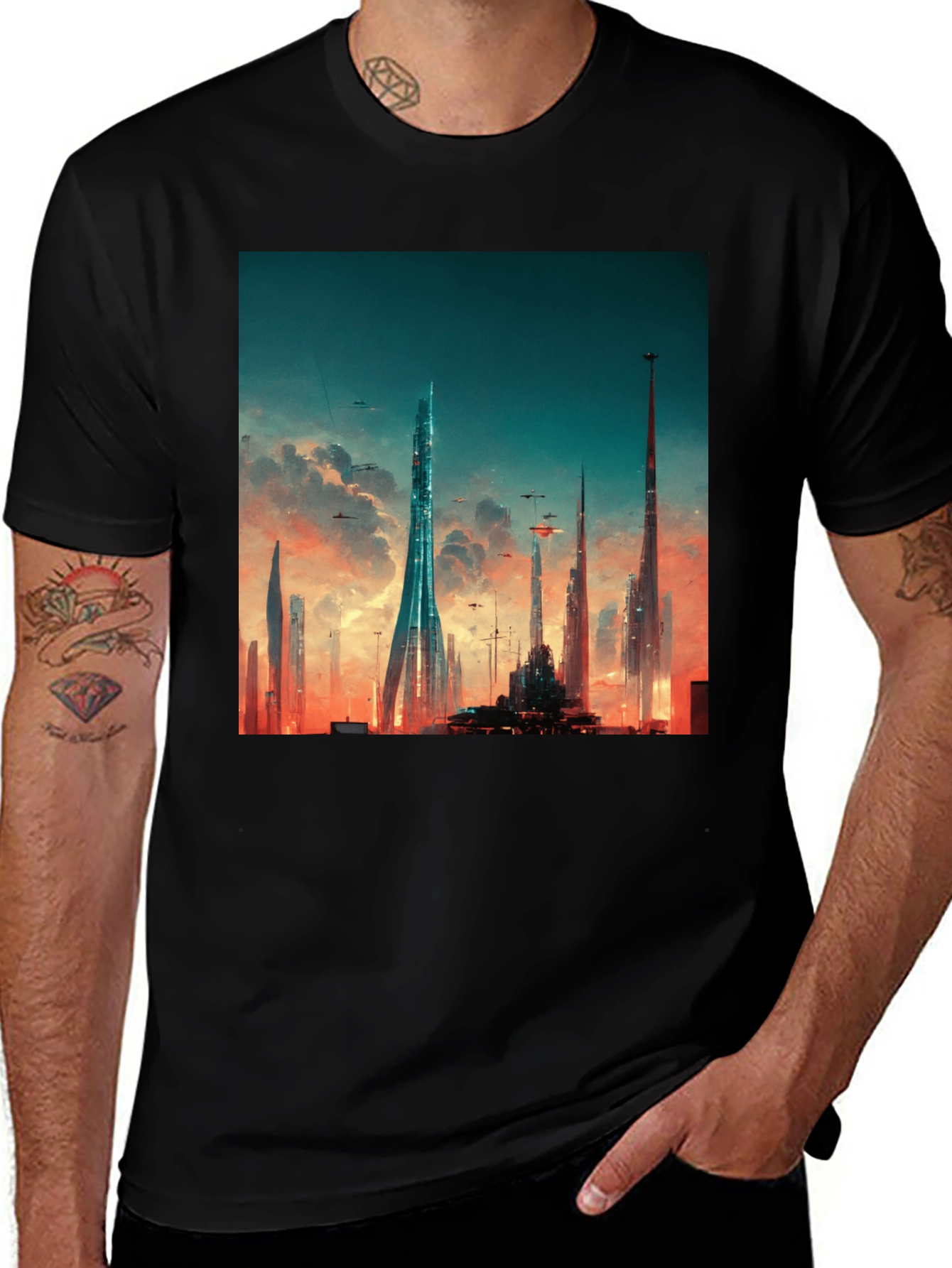 Variant 24 of Futuristic Cityscape Graphic Tee - Black Cotton Blend