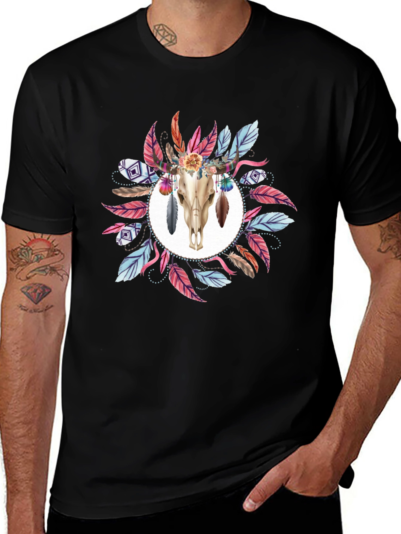 Variant 21 of Bull Skull Feather Graphic Tee - Black