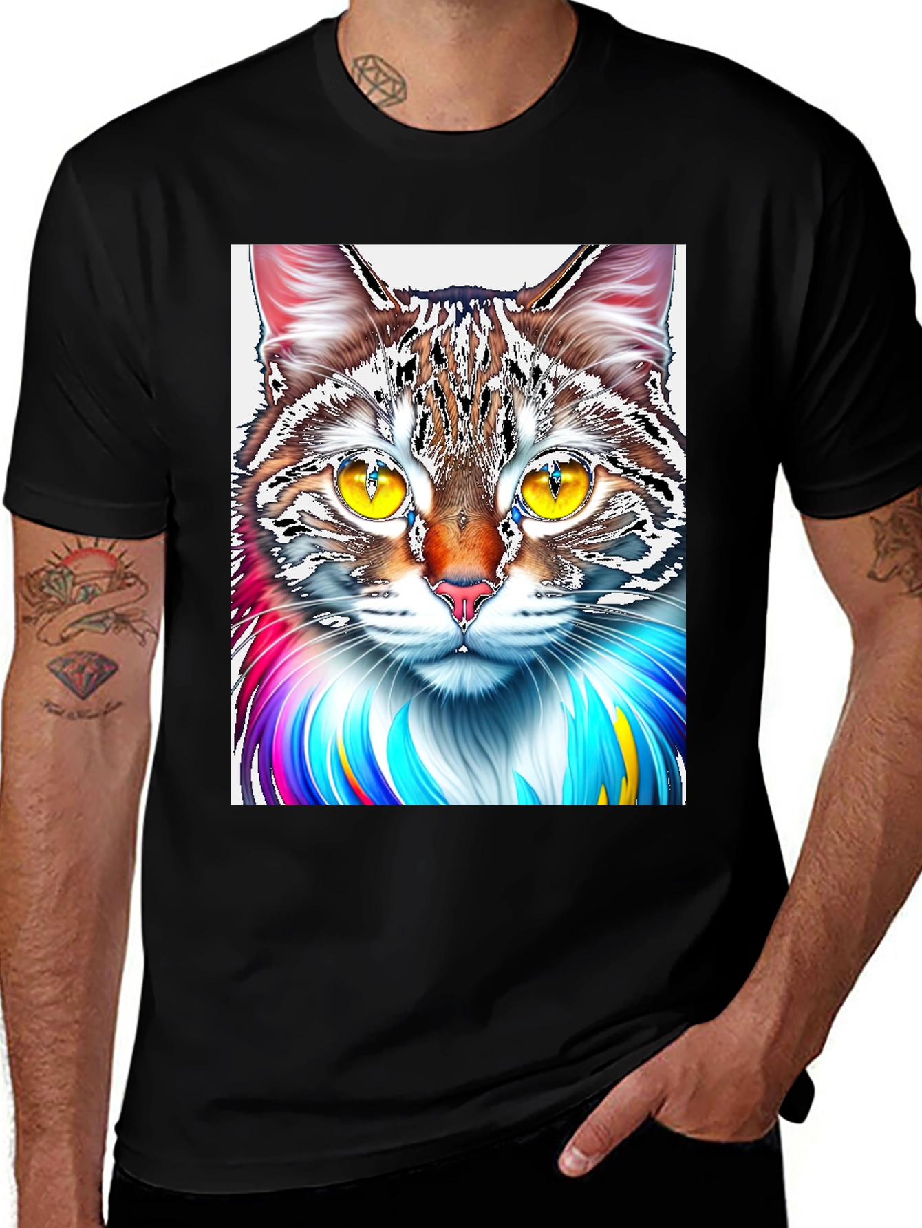 Variant 14 of Colorful Cat Graphic Print Black T-Shirt