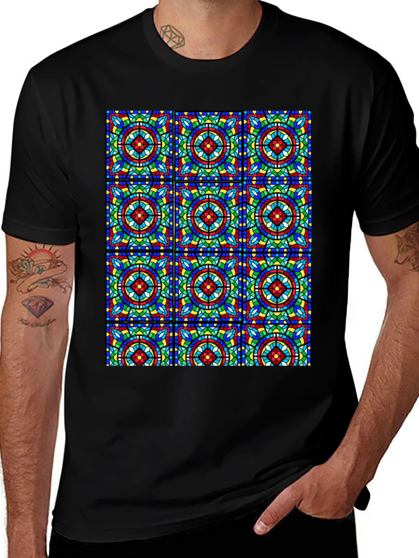 Variant 5 of Stained Glass Pattern Black T-Shirt - Unique Design