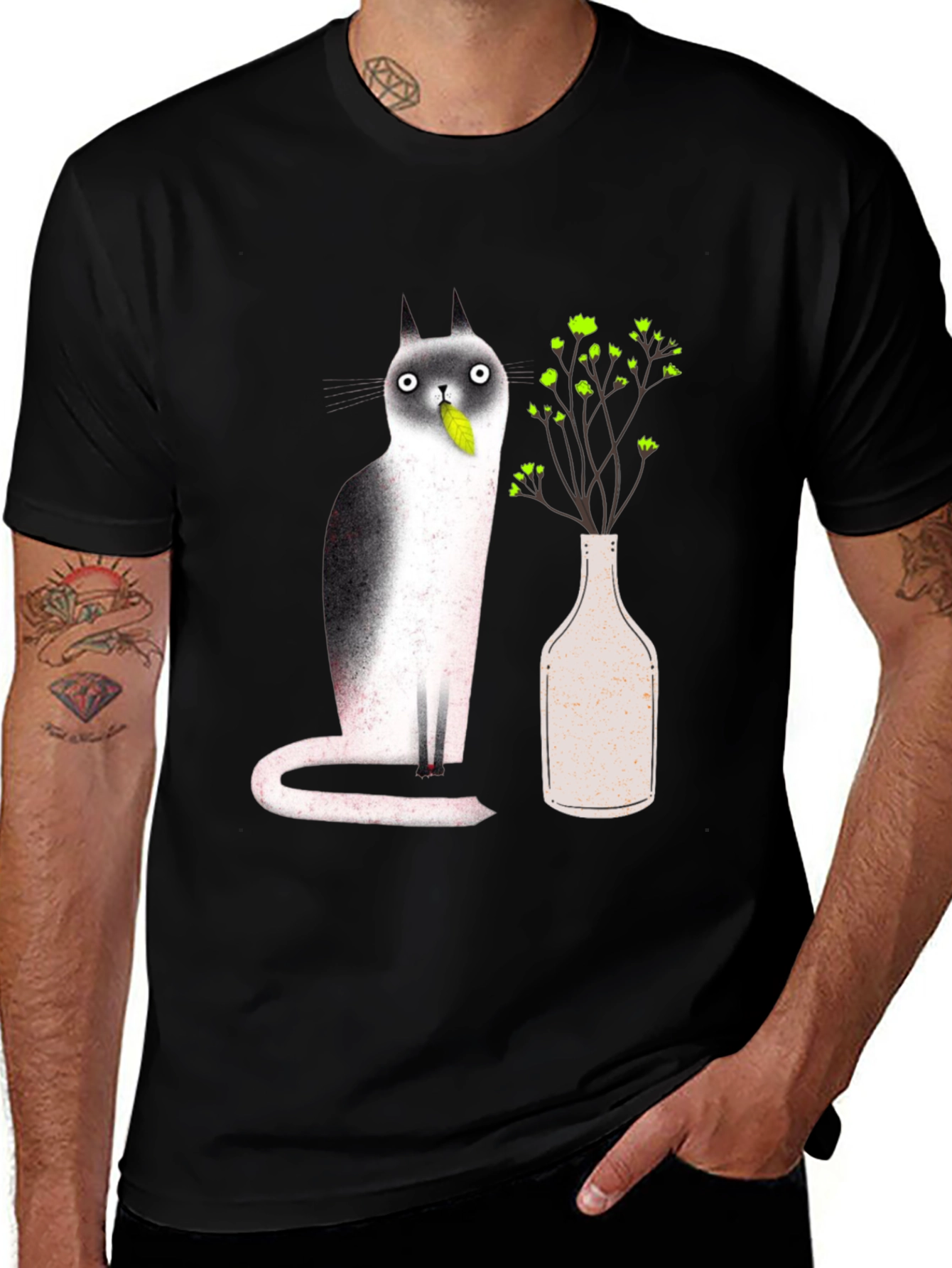 Variant 18 of Cat & Plant Graphic Black T-Shirt